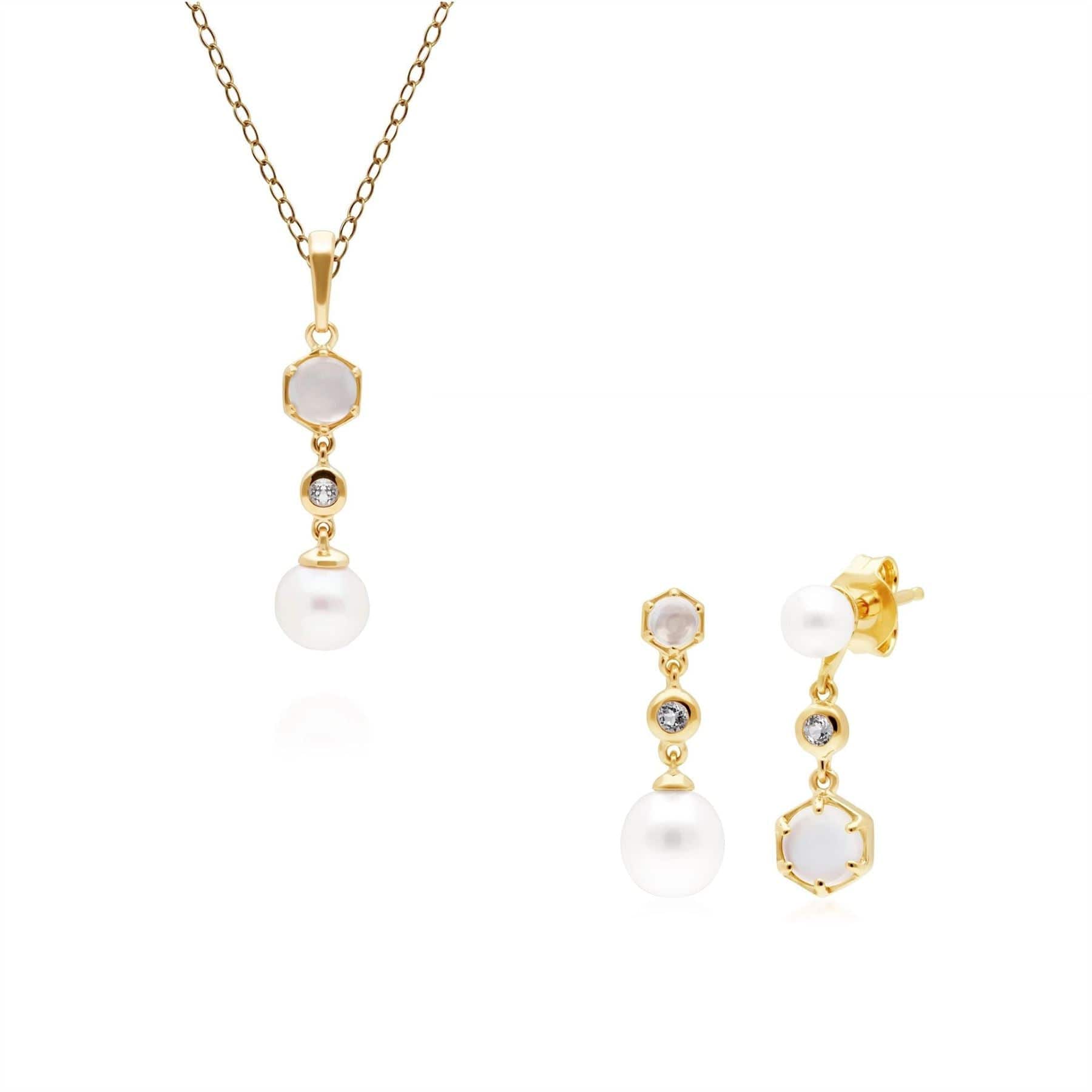 270P030502925-270E030702925 Modern Pearl, Topaz & Moonstone Pendant & Earring Set in Gold Plated Silver 1