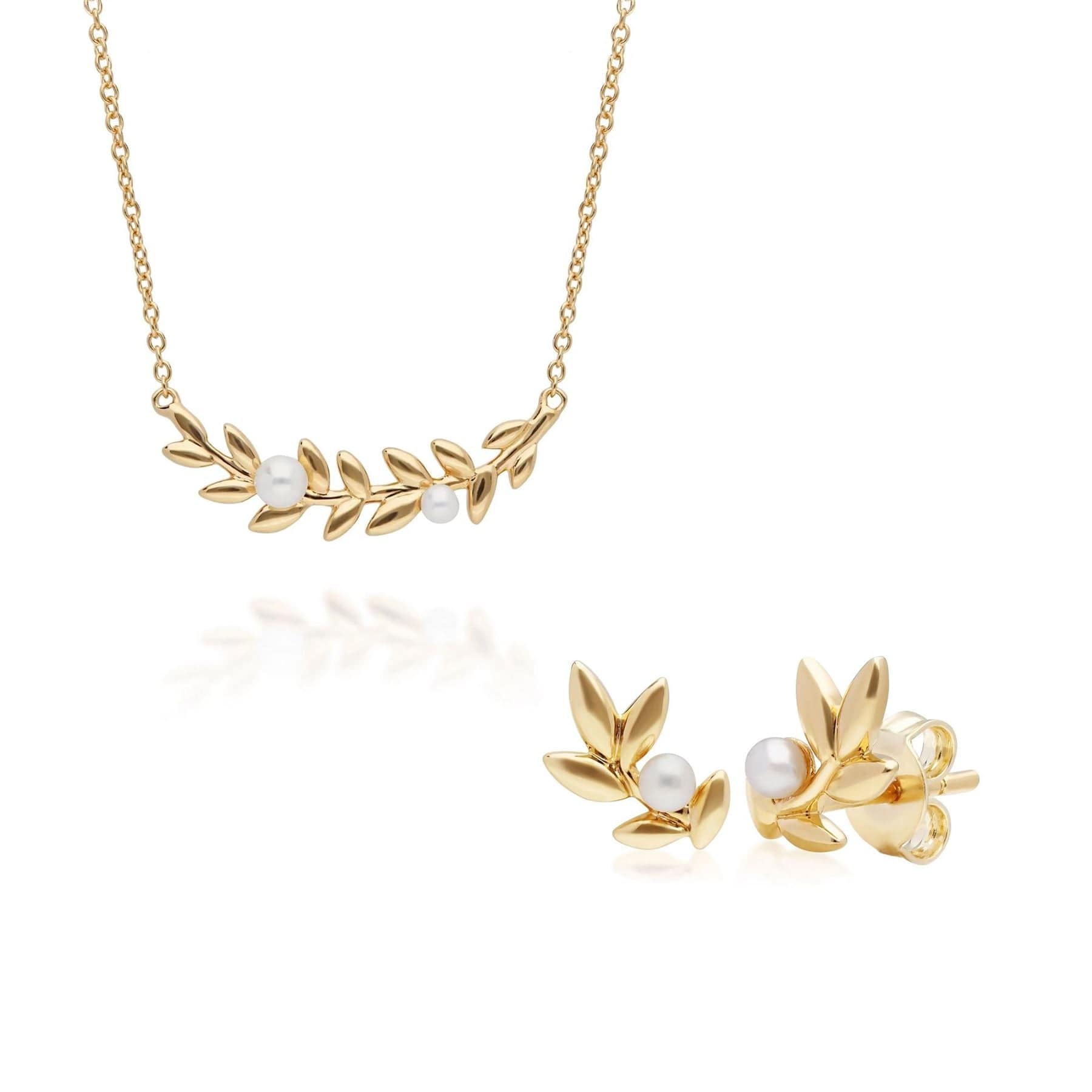 O Leaf Pearl Necklace & Stud Earring Set in Gold Plated 925 Sterling Silver - Gemondo