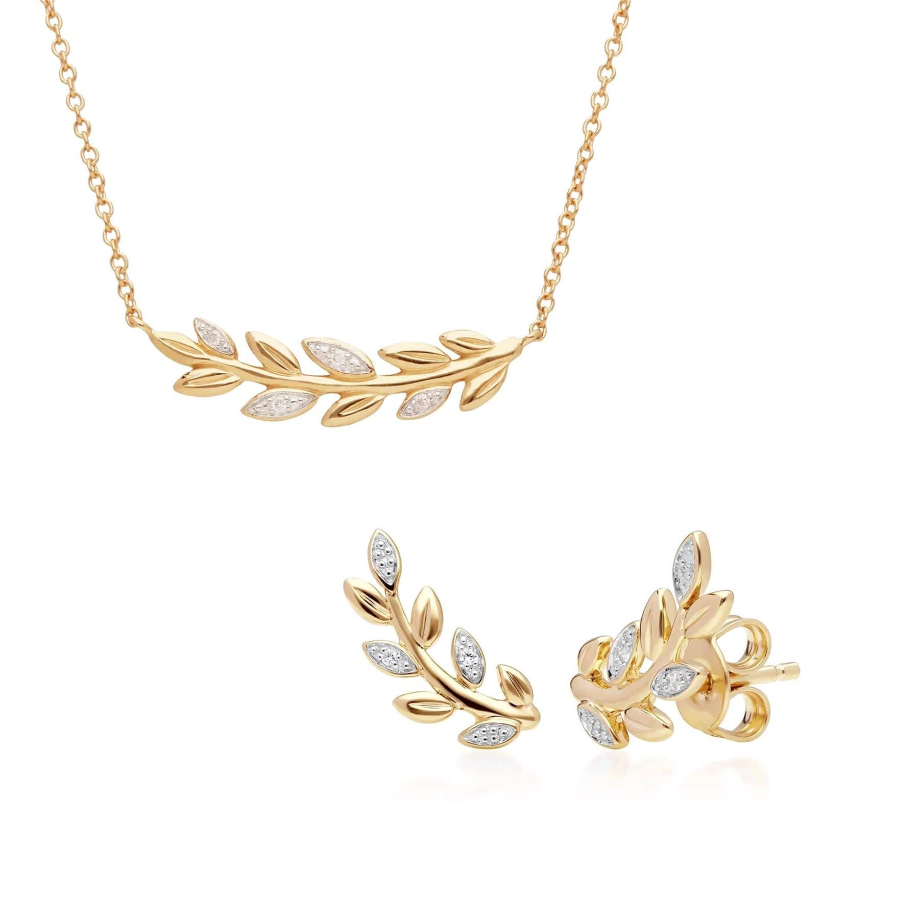 191N0235019-191E0403019 O Leaf Diamond Necklace and Stud Earring Set in 9ct Yellow Gold 1