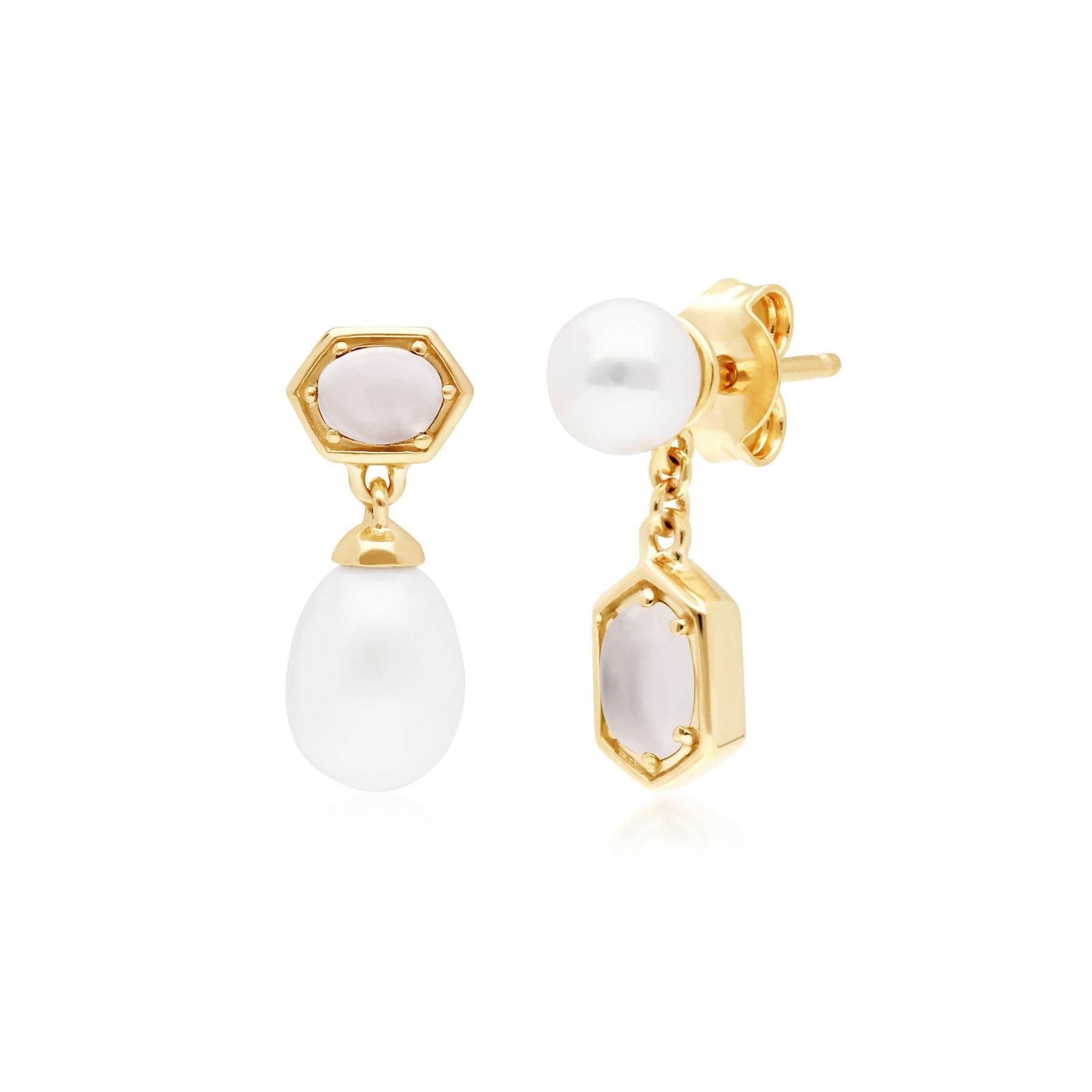 270E030602925 Modern Pearl & Moonstone Mismatched Drop Earrings in Gold Plated Silver 1