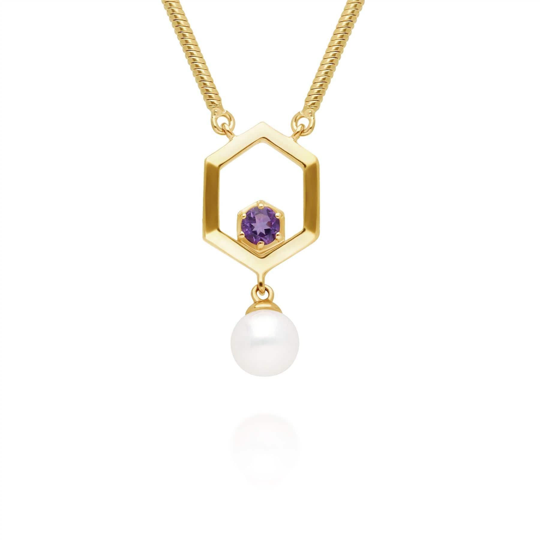 270N035804925 Modern Pearl & Amethyst Hexagon Drop Necklace in Gold Plated Silver 1