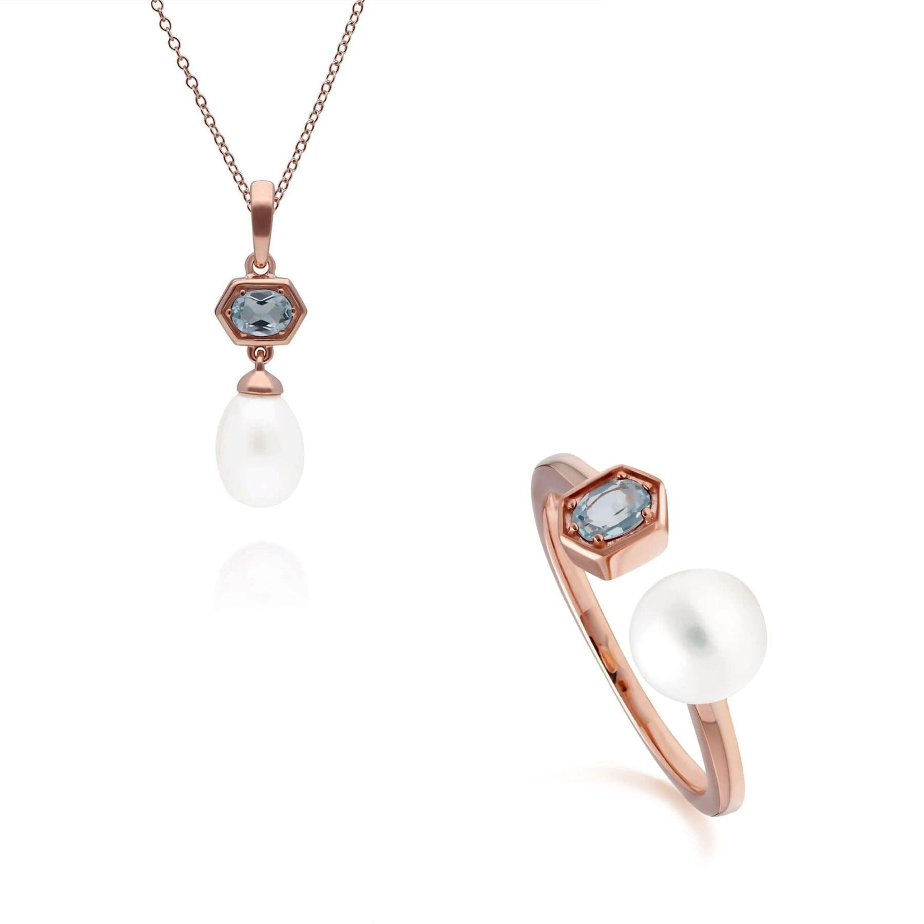270P030405925-270R058906925 Modern Pearl & Blue Topaz Pendant & Ring Set in Rose Gold Plated Silver 1