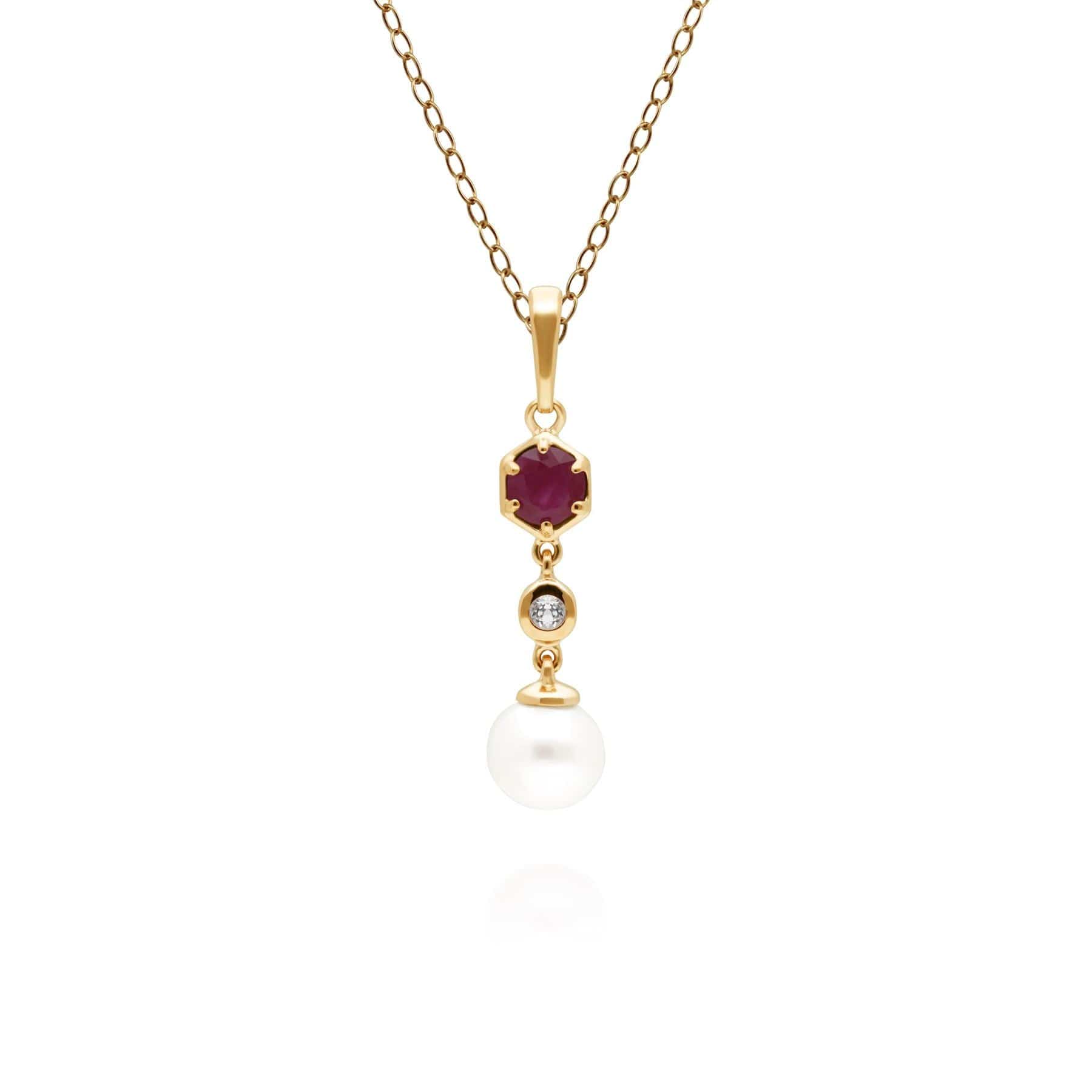 270P030102925 Modern Pearl, Ruby & Topaz Drop Pendant in Gold Plated Silver 1