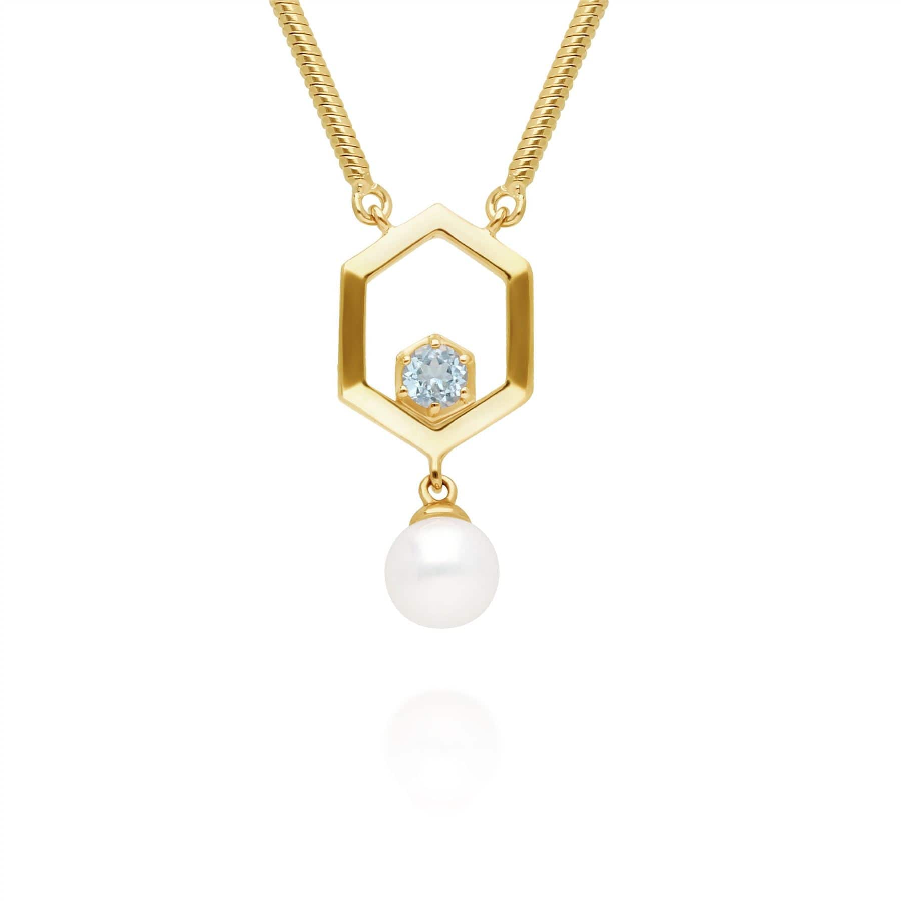 Modern Pearl & Topaz Hexagon Drop Necklace in Gold Plated Silver - Gemondo