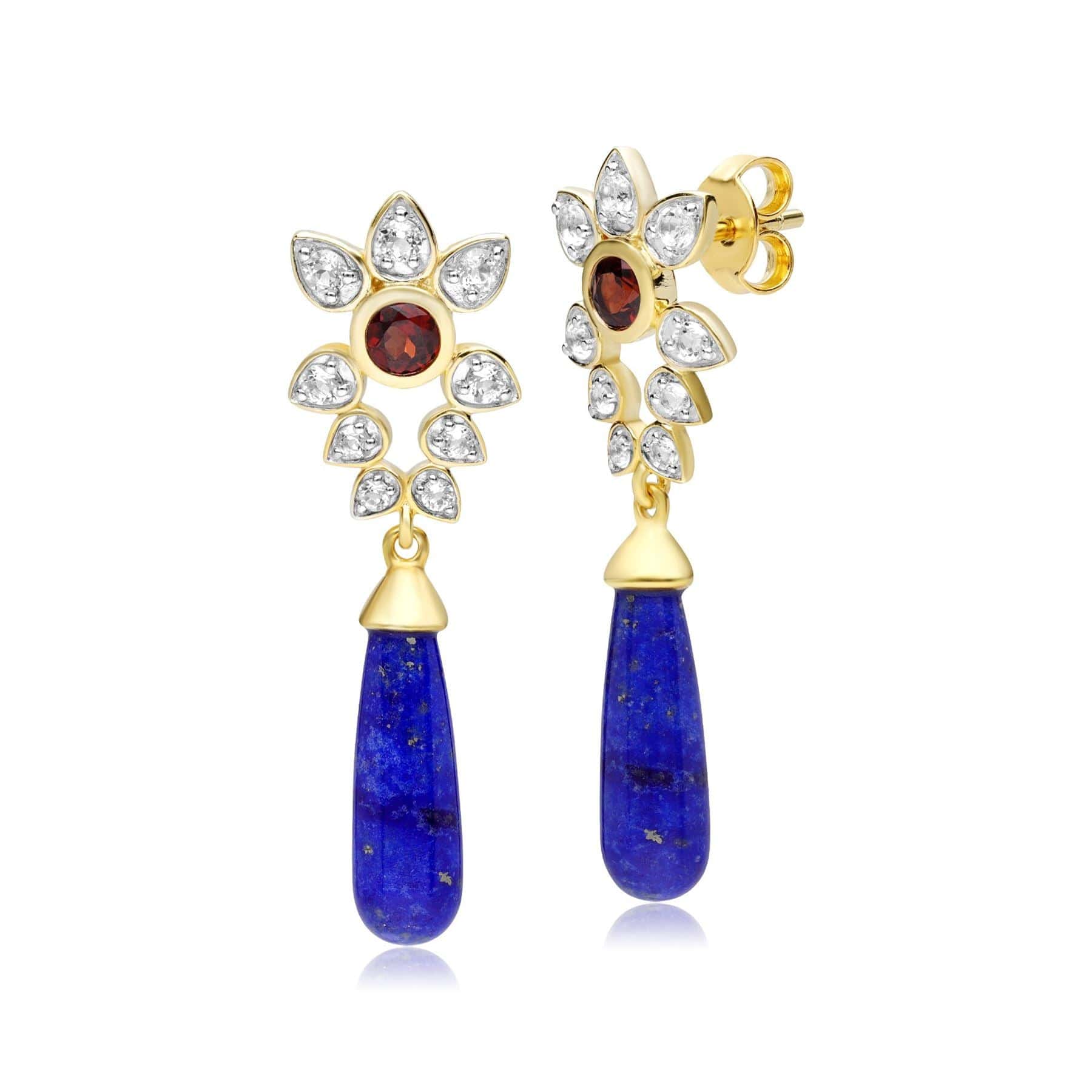 253E337401925 ECFEW™ Creator Lapis Lazuli, White Topaz & Garnet Floral Dangle Drop Earrings In Sterling Silver 1