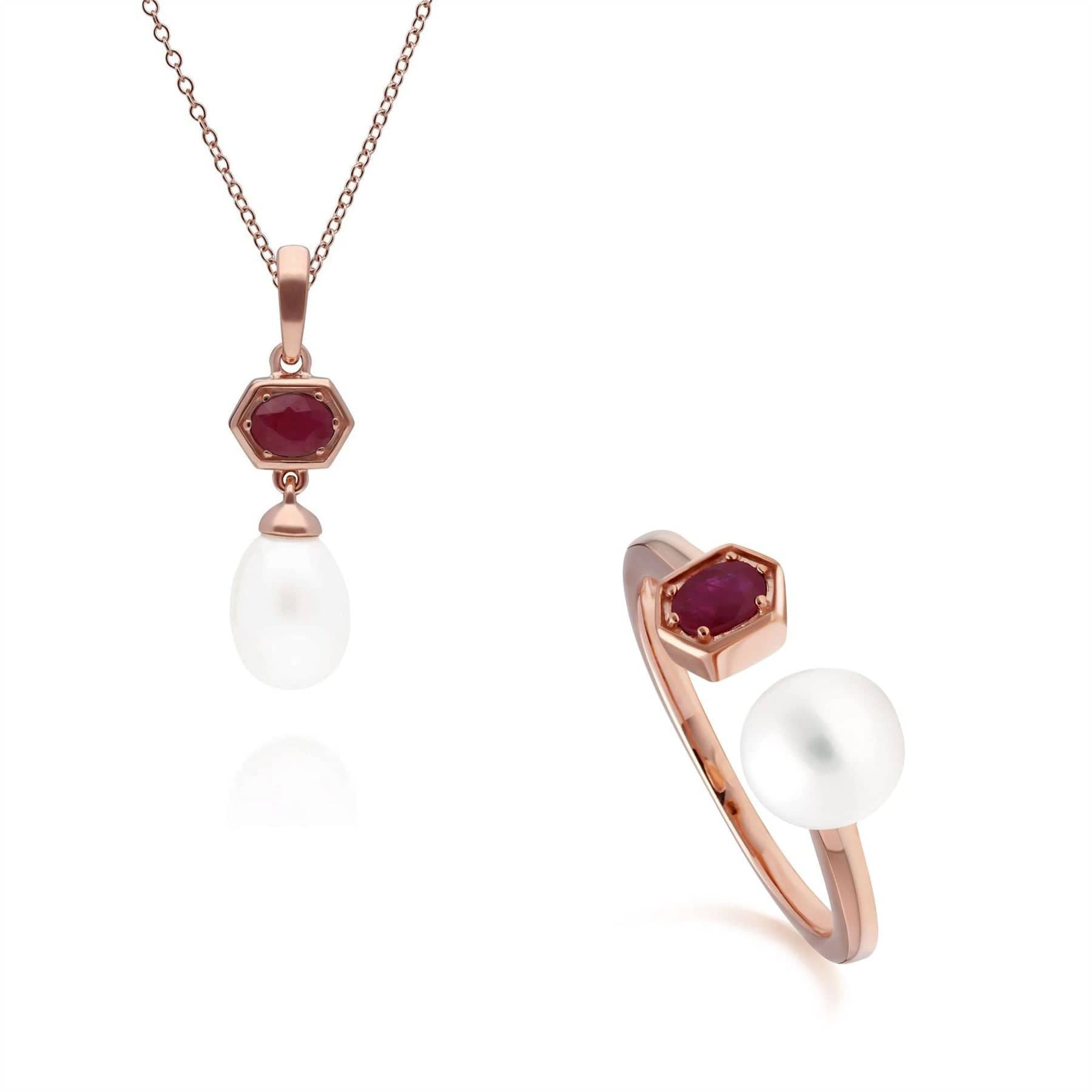 270P030402925-270R058902925 Modern Pearl & Ruby Pendant & Ring Set in Rose Gold Plated Silver 1