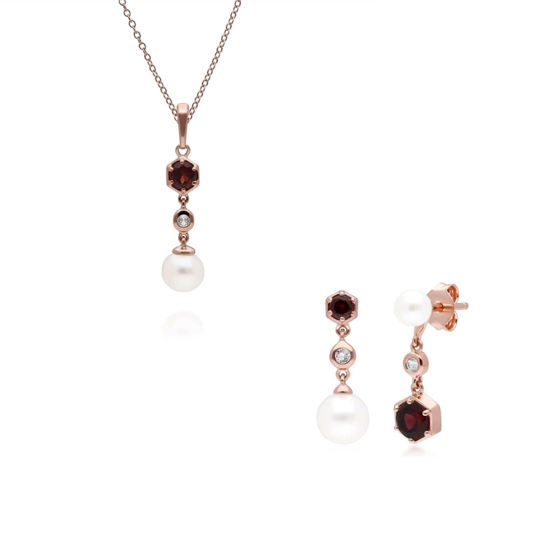 270P030307925-270E030307925 Modern Pearl, Garnet & Topaz Pendant & Earring Set in Rose Gold Plated Silver 1