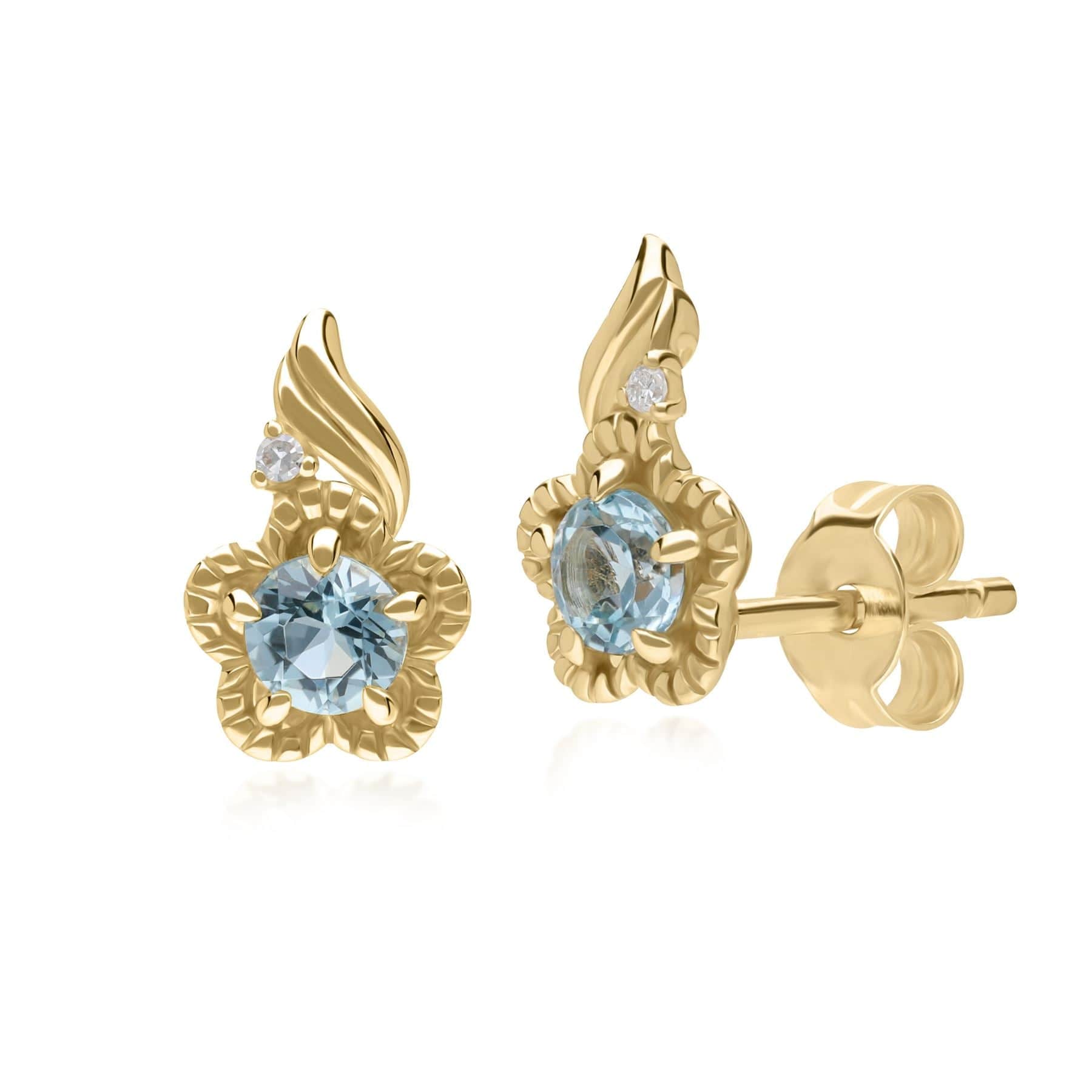 135E1813019 Floral Round Blue Topaz & Diamond Stud Earrings in 9ct Yellow Gold 1