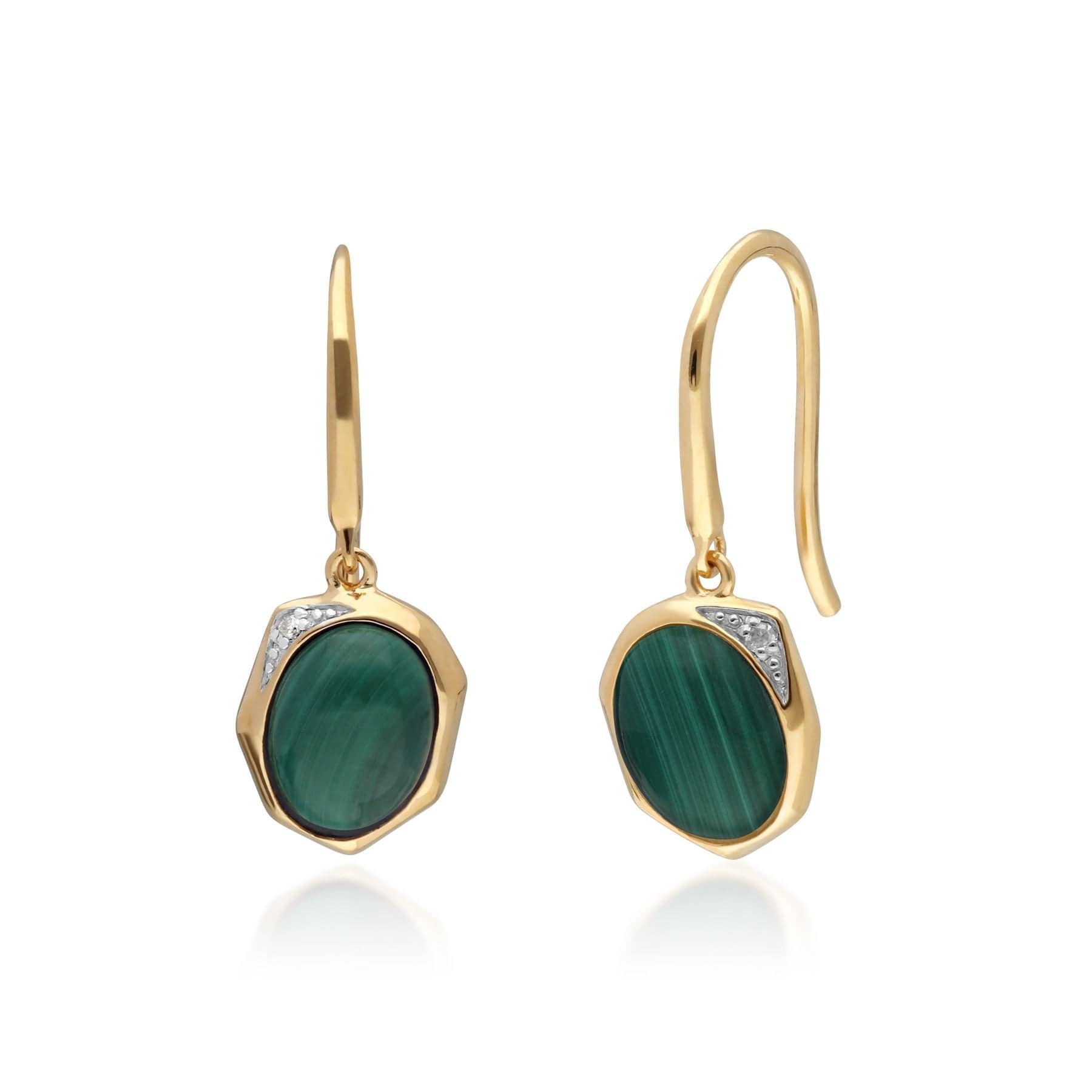 270E027106925 Irregular B Gem Malachite & Diamond Drop Earrings in Gold Plated Sterling Silver 1