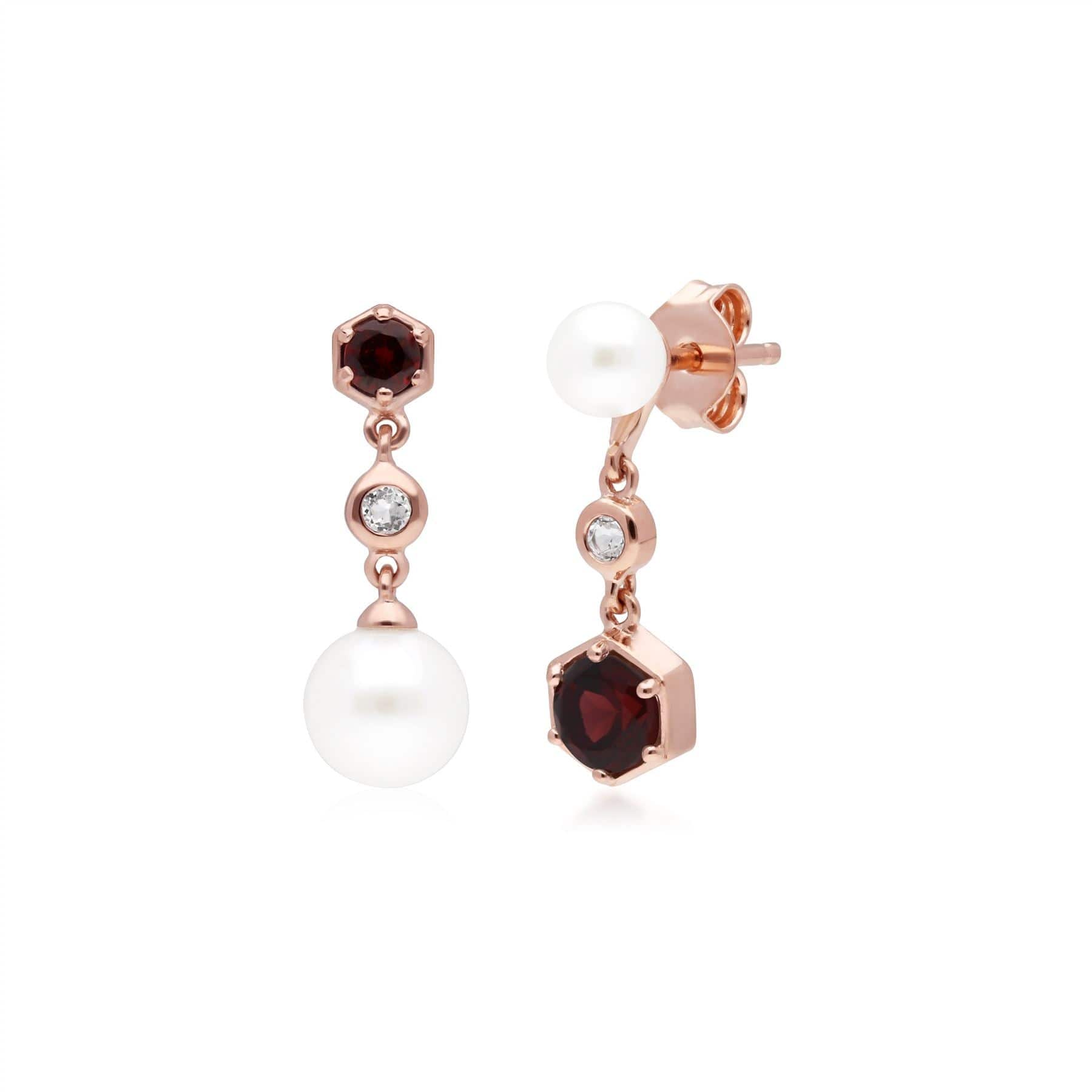 270E030307925 Modern Pearl, Garnet & Topaz Mismatched Drop Earrings in Rose Gold Plated Silver 1