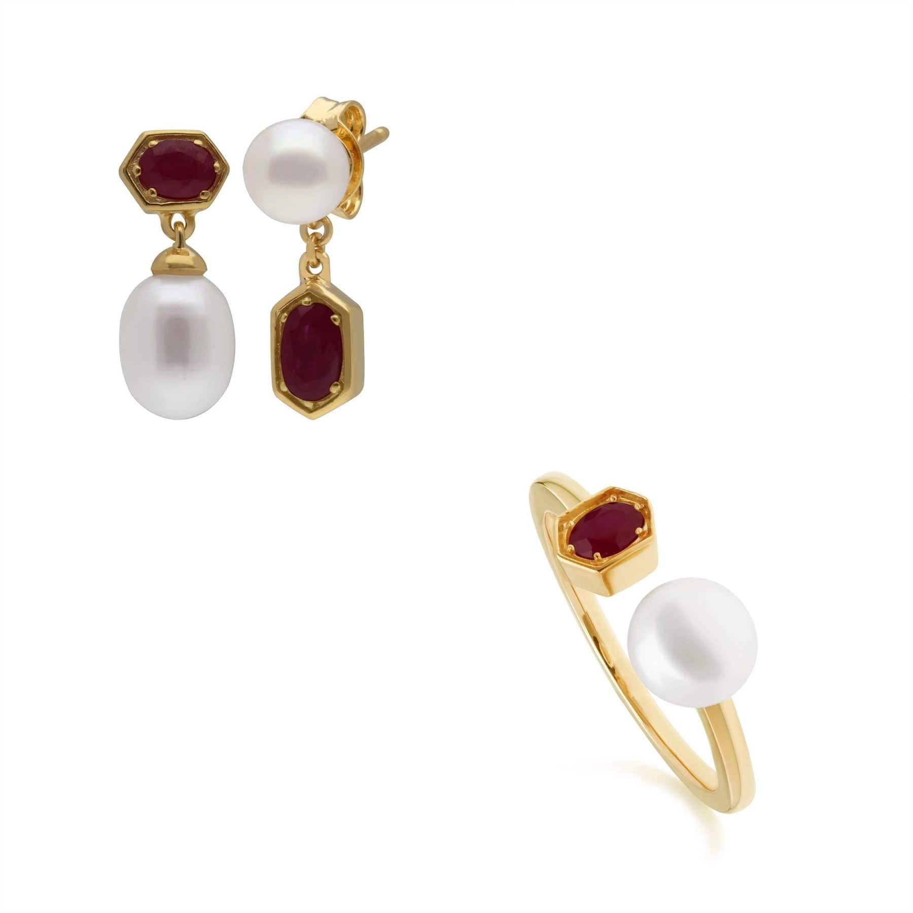 270E030202925-270R058702925 Modern Pearl & Ruby Ring & Earring Set in Gold Plated Silver 1