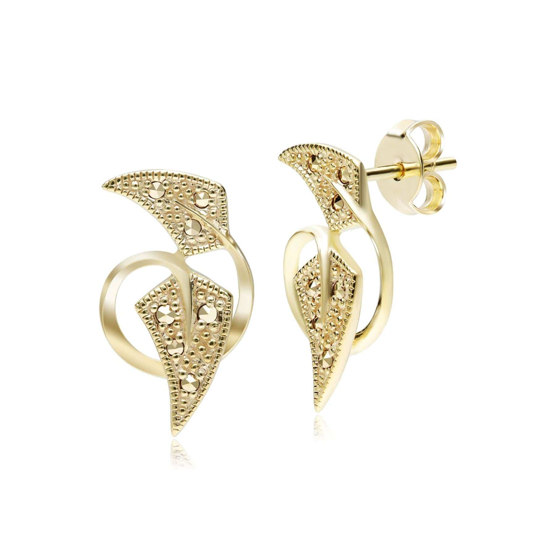 234E037501925 Art Nouveau Inspired Marcasite Leaf Earrings in 18ct Gold Plated Silver 1