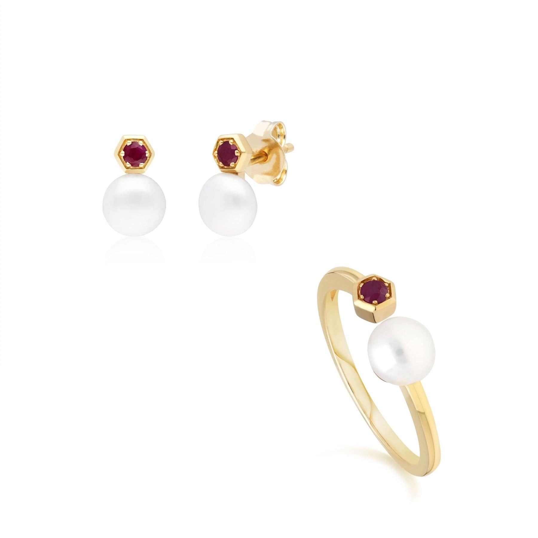 Modern Pearl & Ruby Earring & Ring Set in 9ct Gold - Gemondo