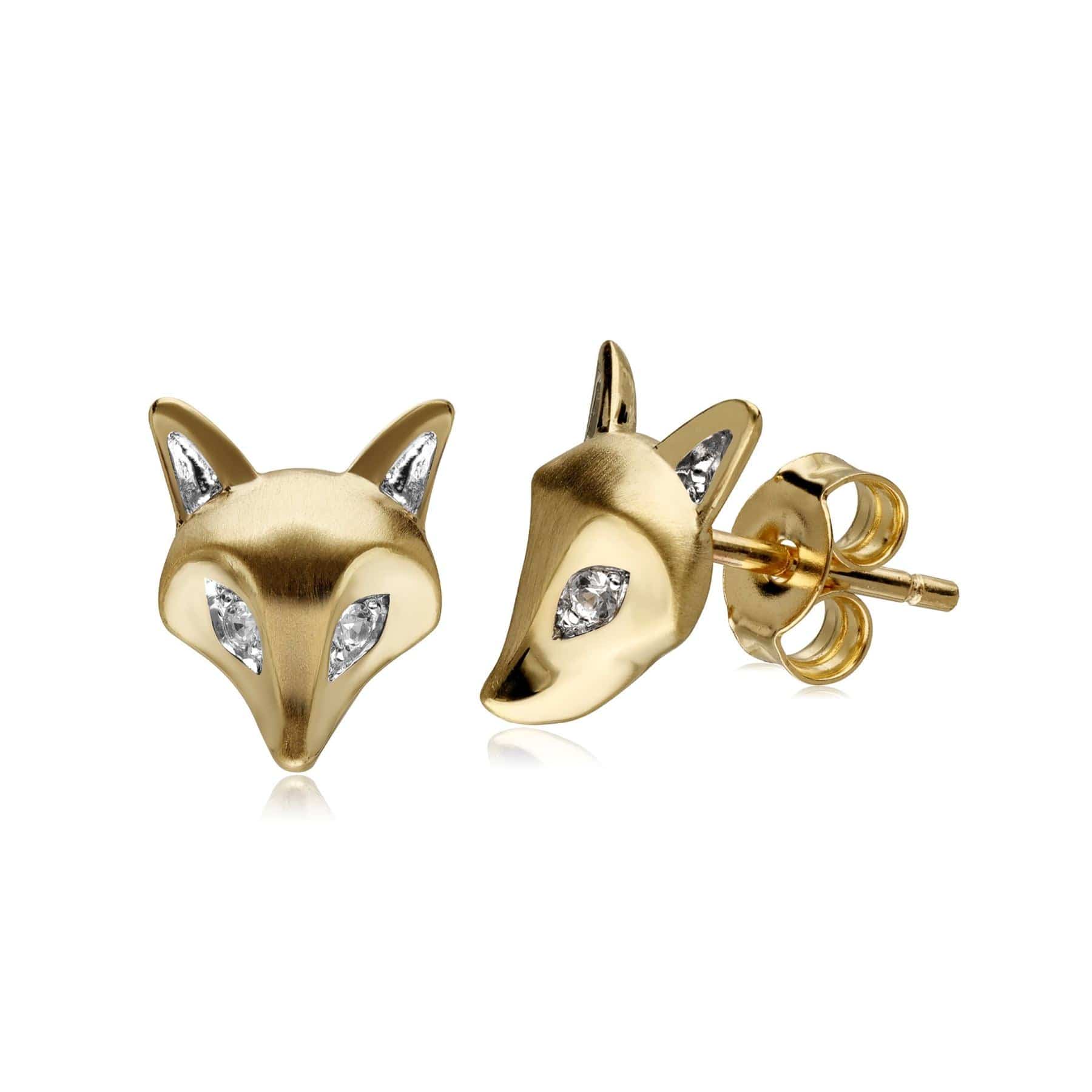 132E2682019 Gardenia White Sapphire Fox Earrings In 9ct Yellow Gold 1