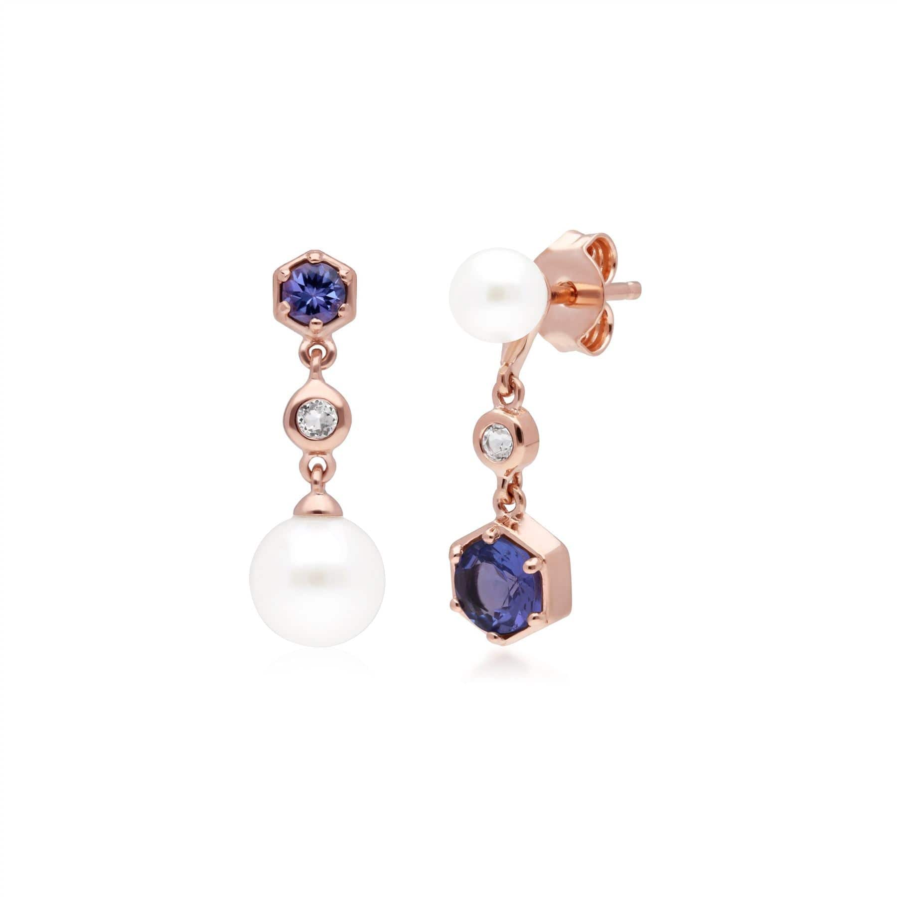 270E030308925 Modern Pearl, Tanzanite & Topaz Mismatched Drop Earrings in Rose Gold Plated Silver 1
