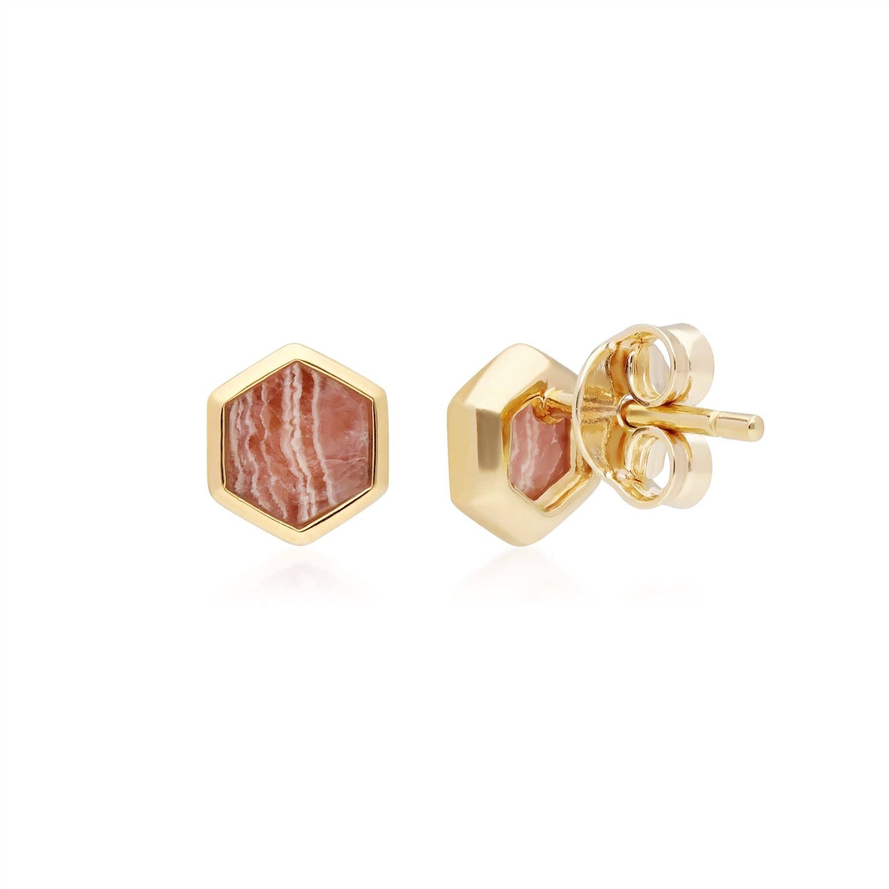 270E027601925 Micro Statement Rhodochrosite Hexagon Stud Earrings in Gold Plated Silver 4