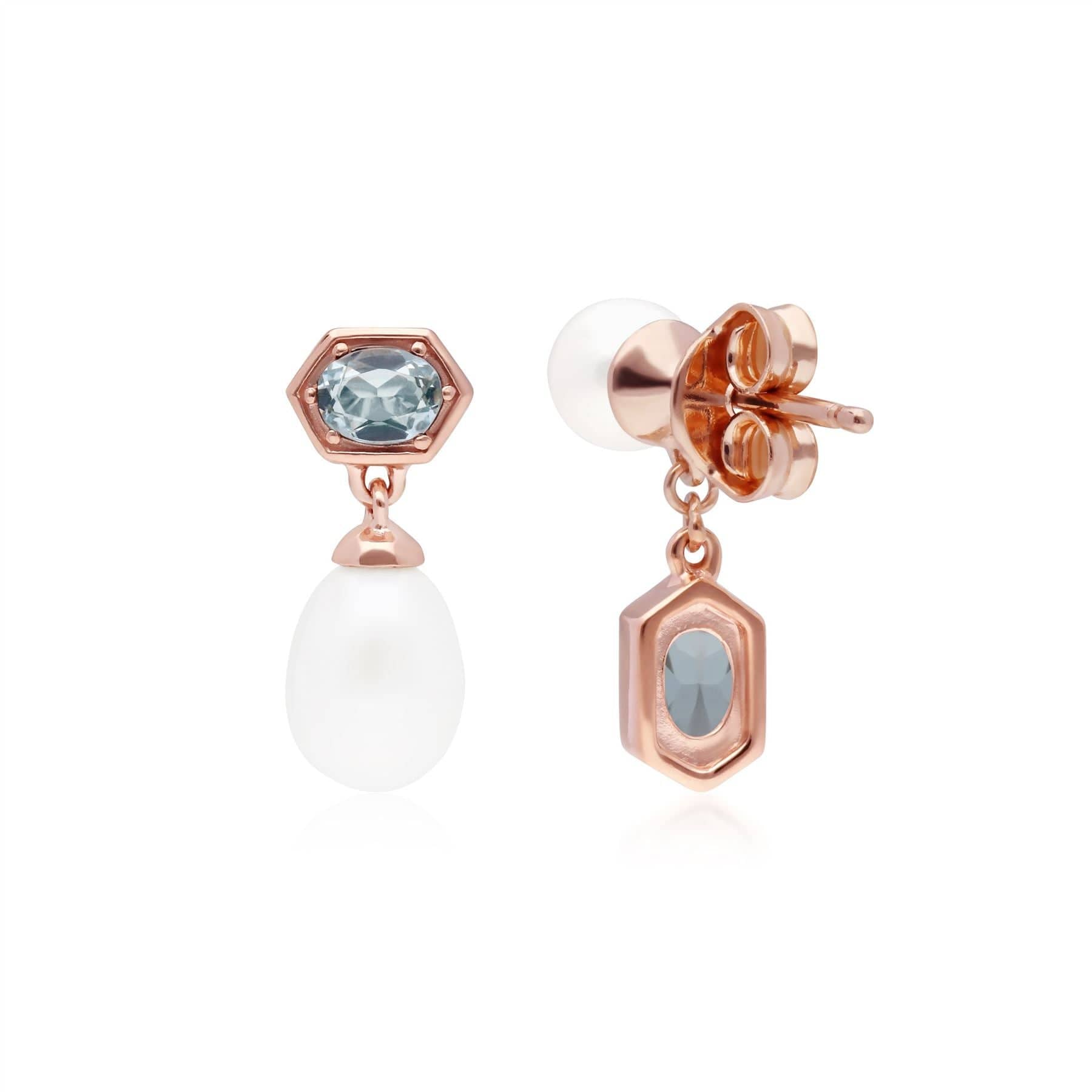 270E030405925 Modern Pearl & Blue Topaz Mismatched Drop Earrings in Rose Gold Plated Silver 2