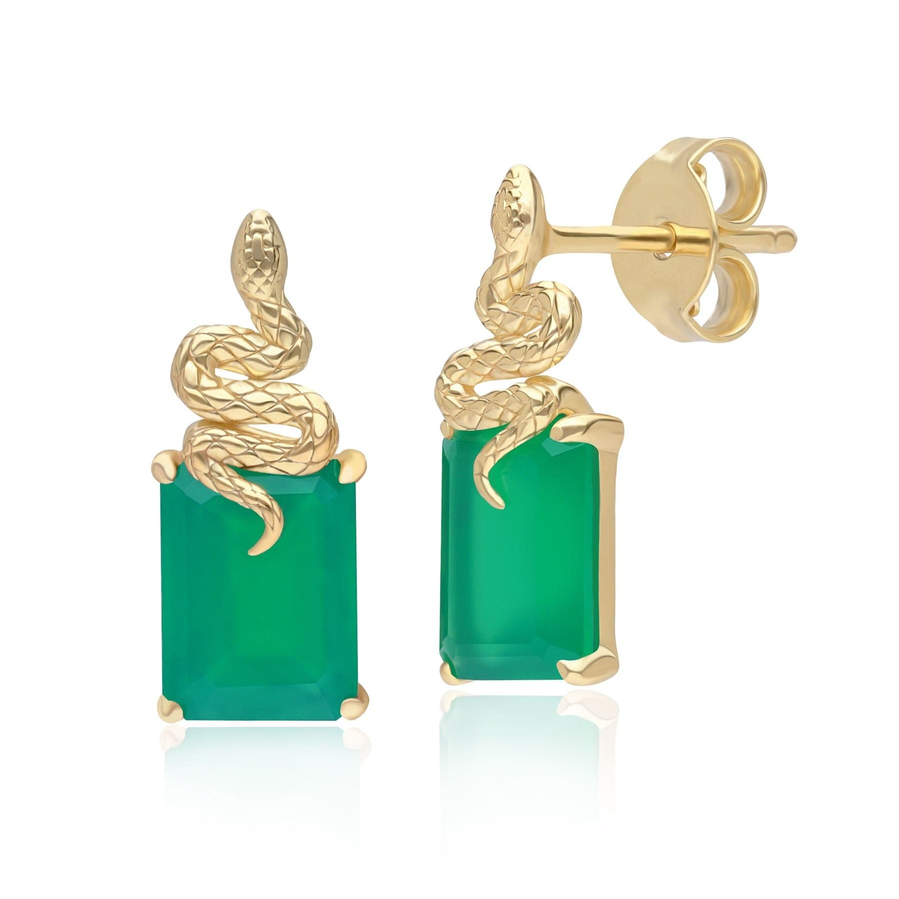 Grand Deco Green Chalcedony Snake Stud Earrings in Gold Plated Sterling Silver - Gemondo