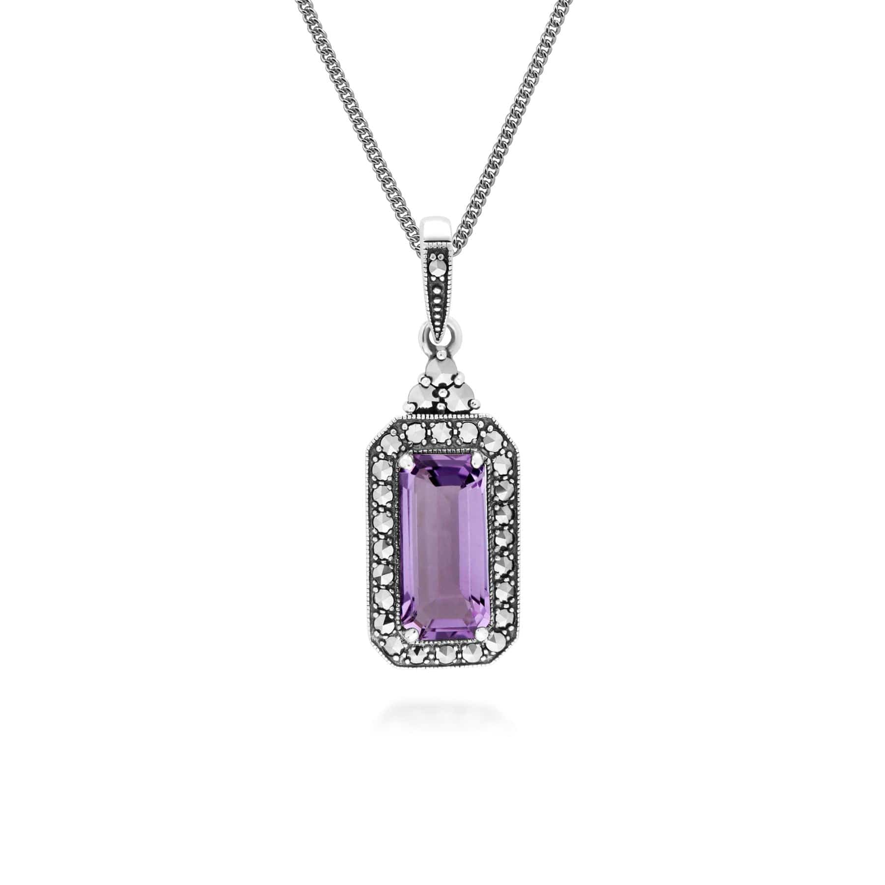 214P311403925 Art Deco Inspired Octagon Cut Amethyst & Marcasite Pendant Necklace in Sterling Silver 1