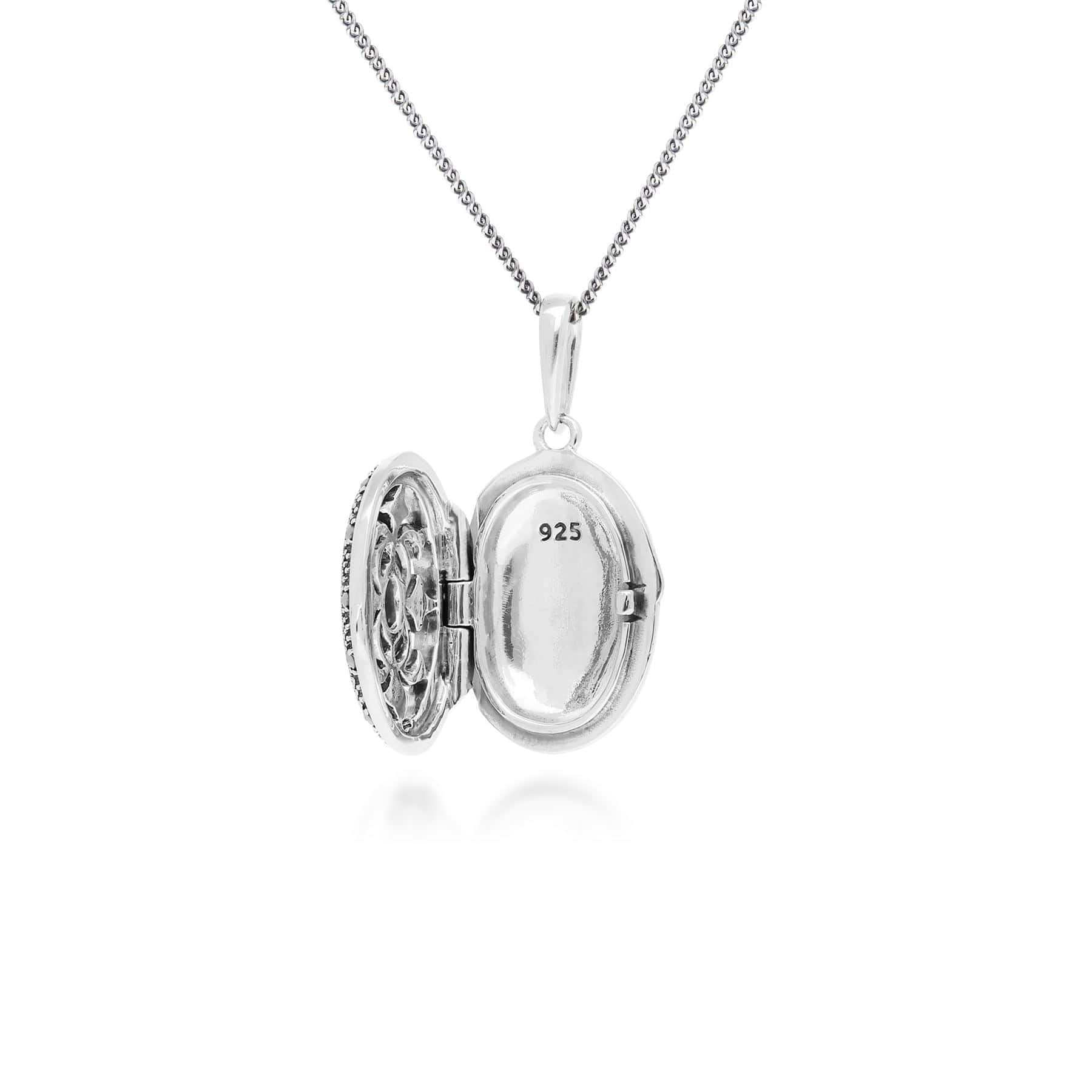 214N716204925 Art Nouveau Style Oval Garnet & Marcasite Locket Necklace in Sterling Silver 3