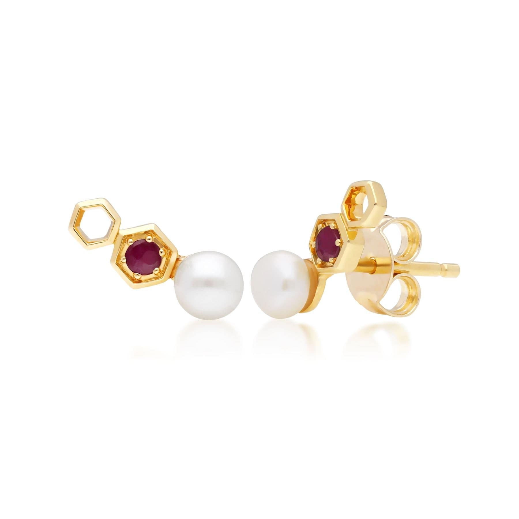 135E1632029 Modern Pearl & Ruby Ear Climber Studs in 9ct Gold 1