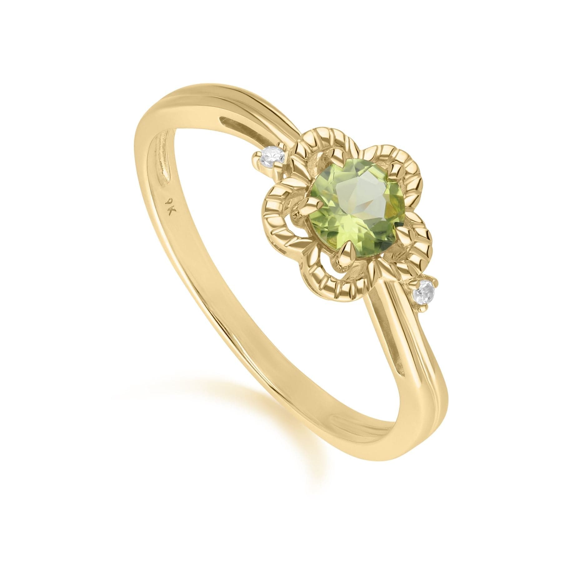 Floral Round Peridot & Diamond Ring in 9ct Yellow Gold - Gemondo