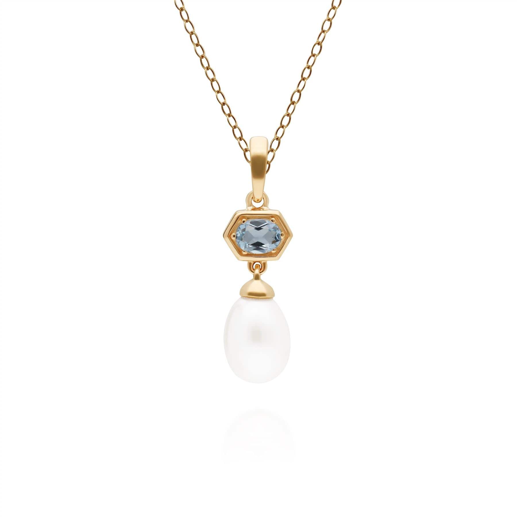 270P030205925 Modern Pearl & Blue Topaz Hexagon Drop Pendant in Gold Plated Silver 1