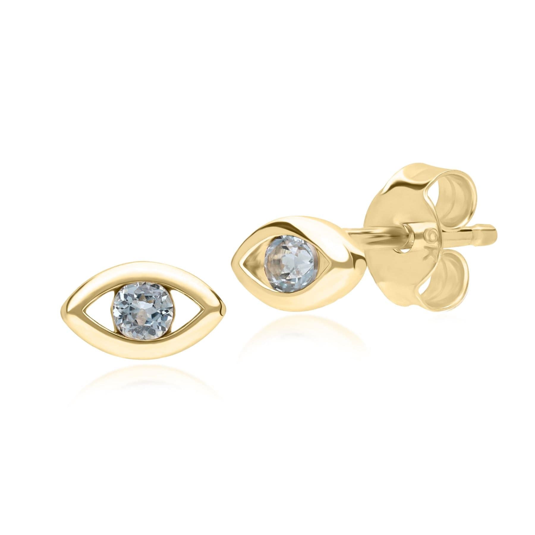 135E1825039 ECFEW™ Dainty Evil Eye Blue Topaz Stud Earrings in 9ct Yellow Gold Front