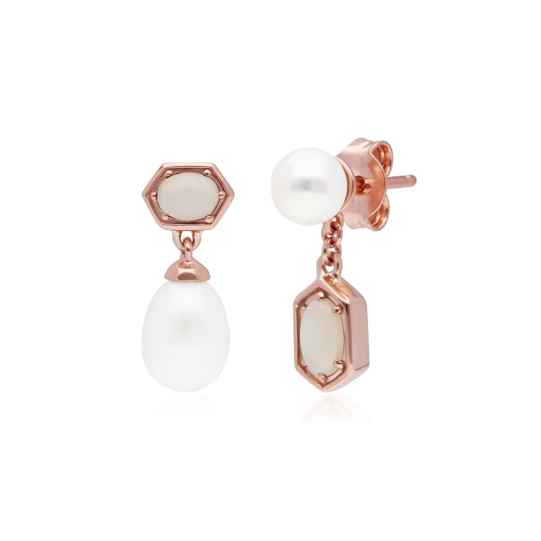 270E031001925 Modern Pearl & Opal Mismatched Drop Earrings in Rose Gold Plated  Silver 1