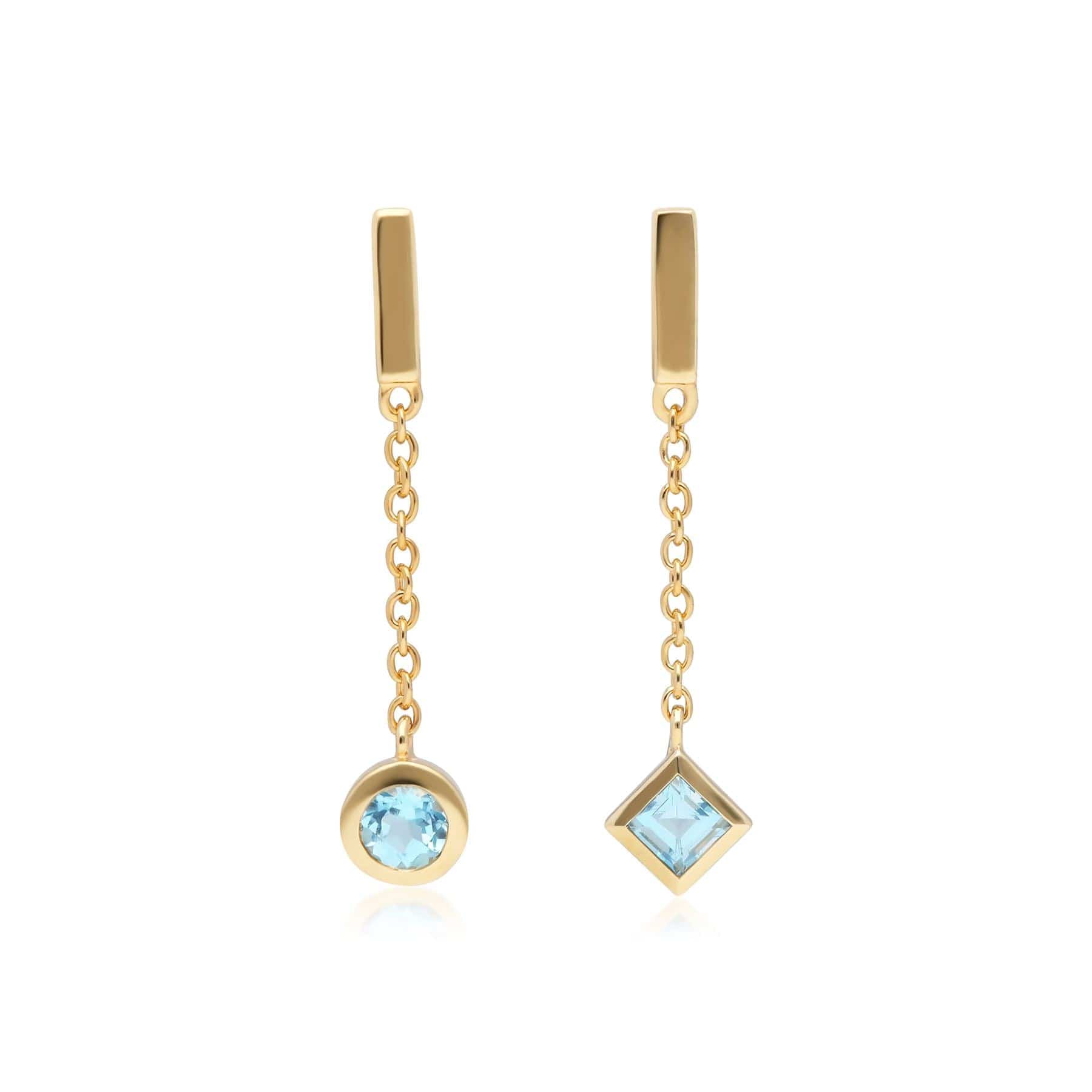 135E1634019 Micro Statement Mismatched Blue Topaz Dangle Earrings in 9ct Gold 1
