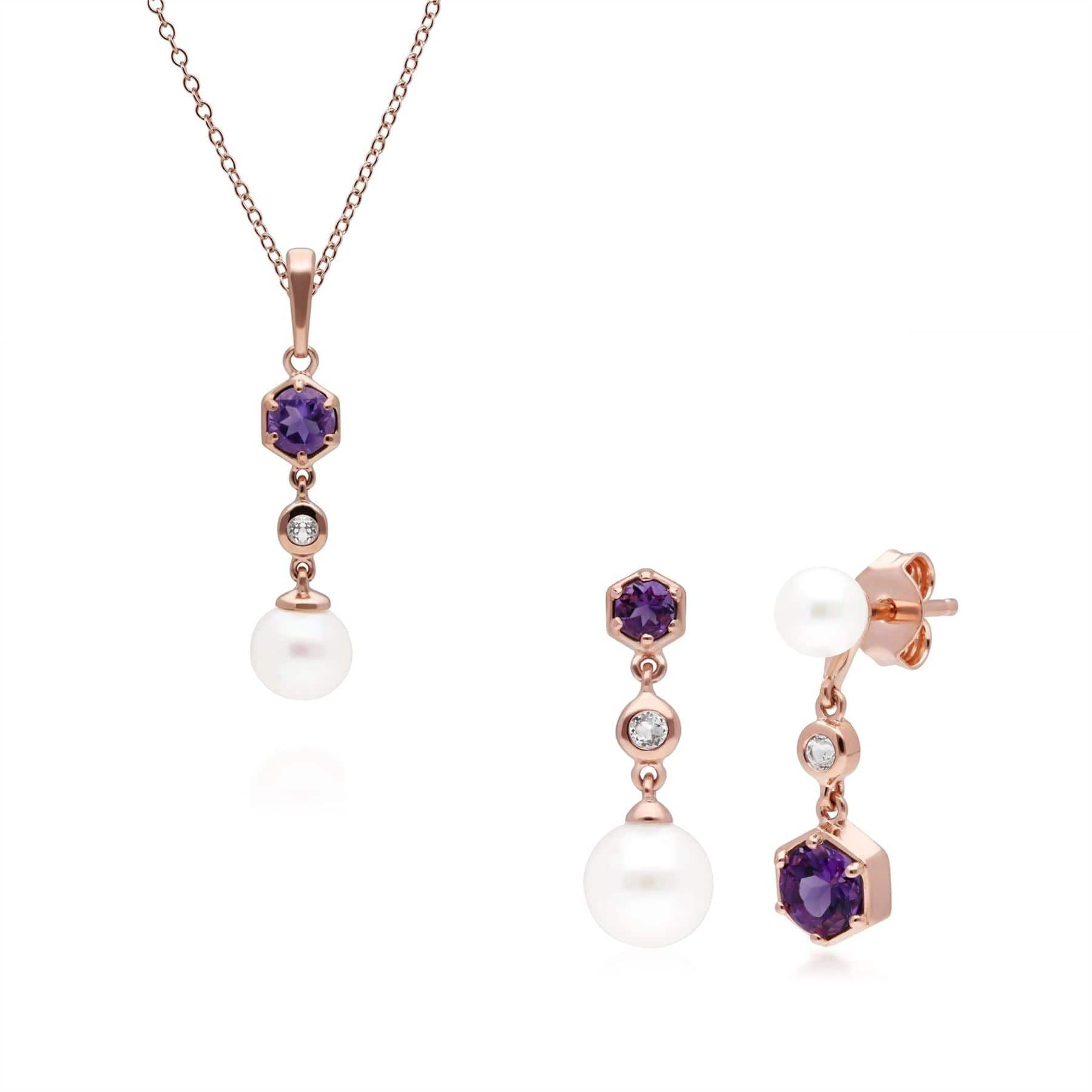 270P030304925-270E030304925 Modern Pearl, Amethyst & Topaz Pendant & Earring Set in Rose Gold Plated Silver 1