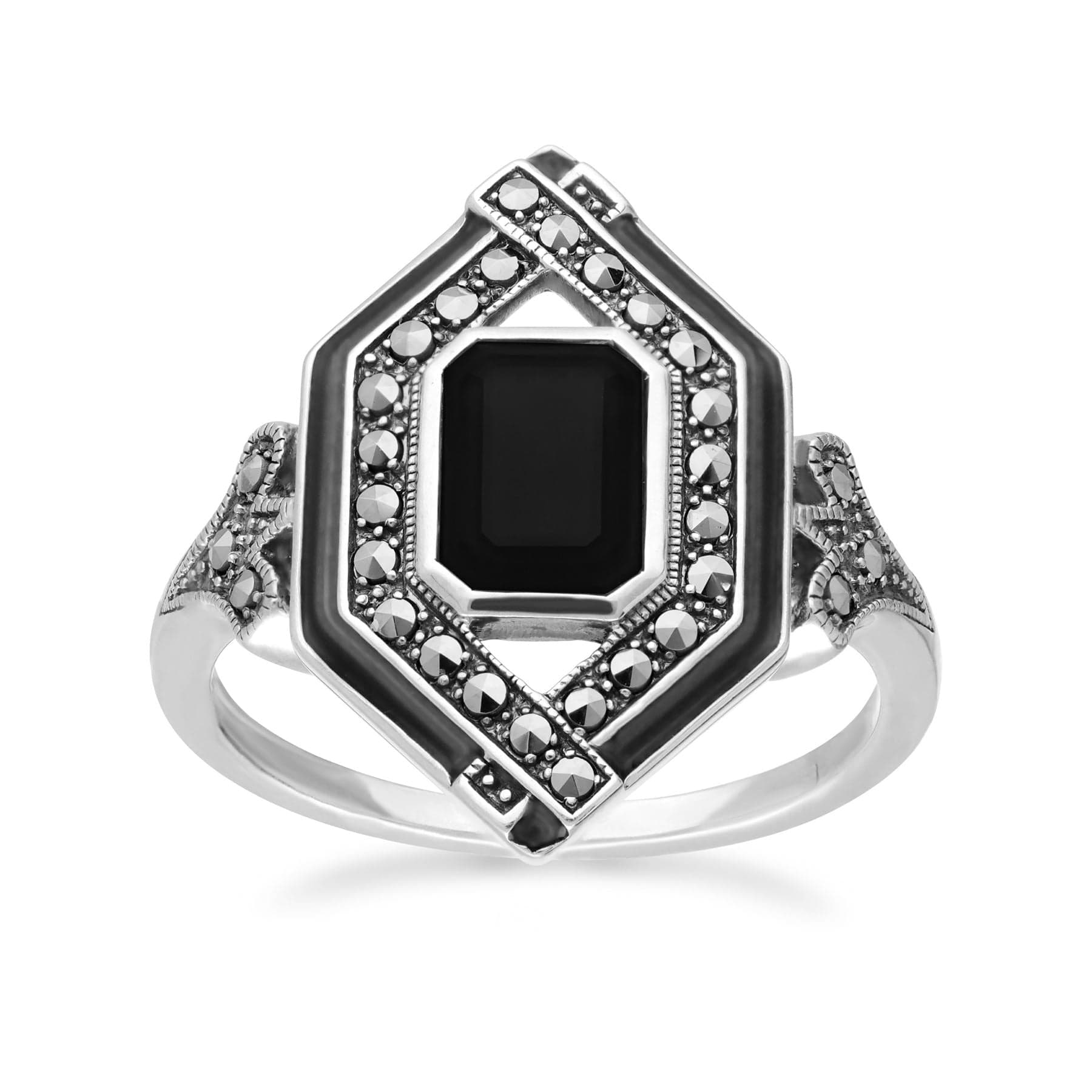 214R608101925 Art Deco Inspired Spinel, Enamel & Marcasite Rhombus Ring In Sterling Silver 2