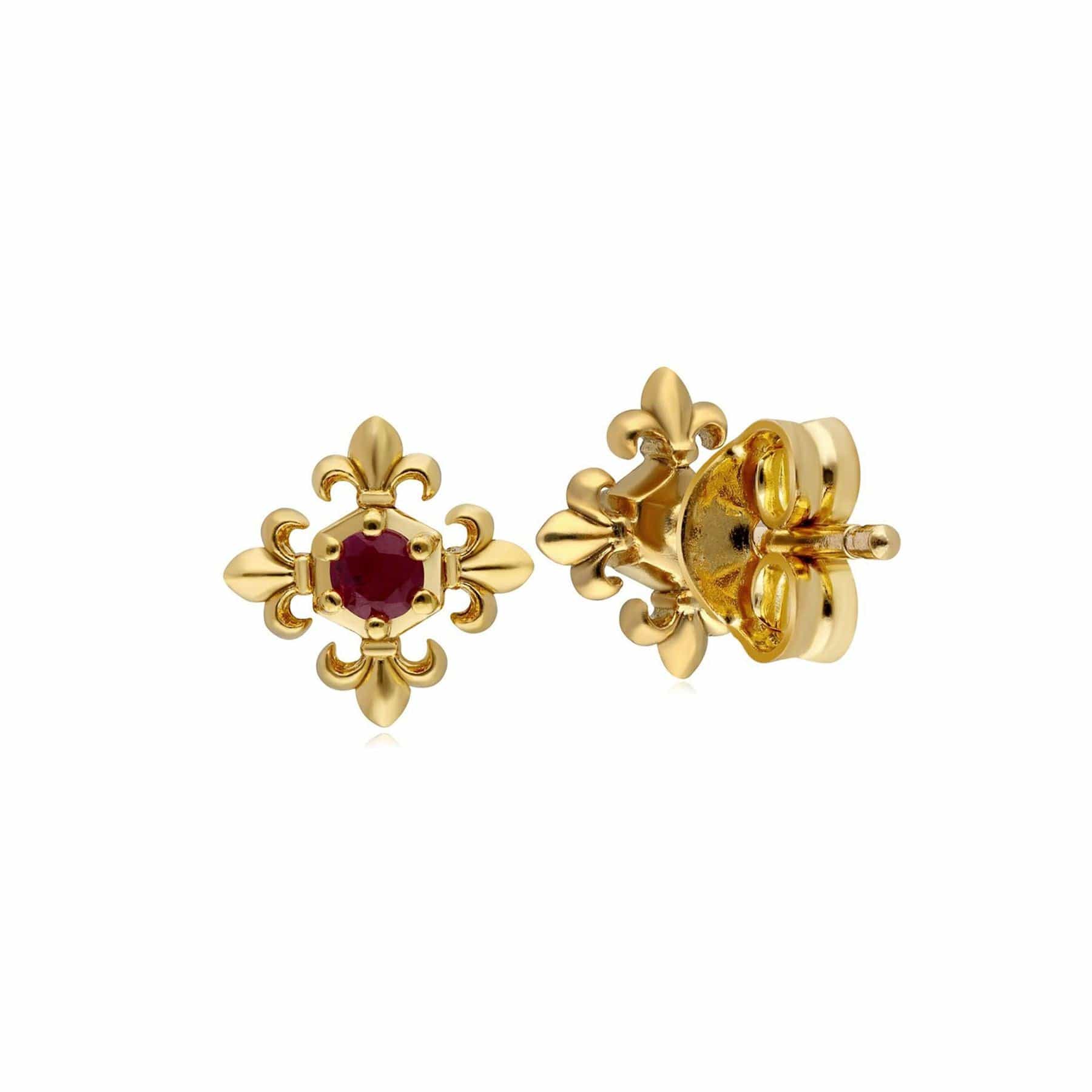 132E2677019 ECFEW™ Ruby Fleur De Lis Stud Earrings In 9ct Yellow Gold 2