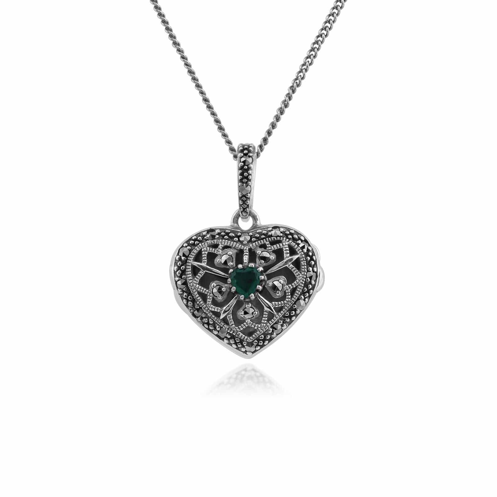 214N461910925 Art Nouveau Style Round Emerald & Marcasite Heart Necklace in 925 Sterling Silver 1