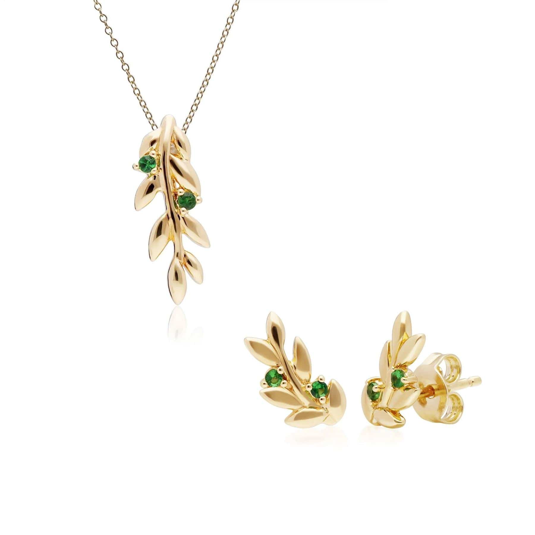 O Leaf Tsavorite Pendant & Stud Earring Set in Gold Plated 925 Sterling Silver - Gemondo