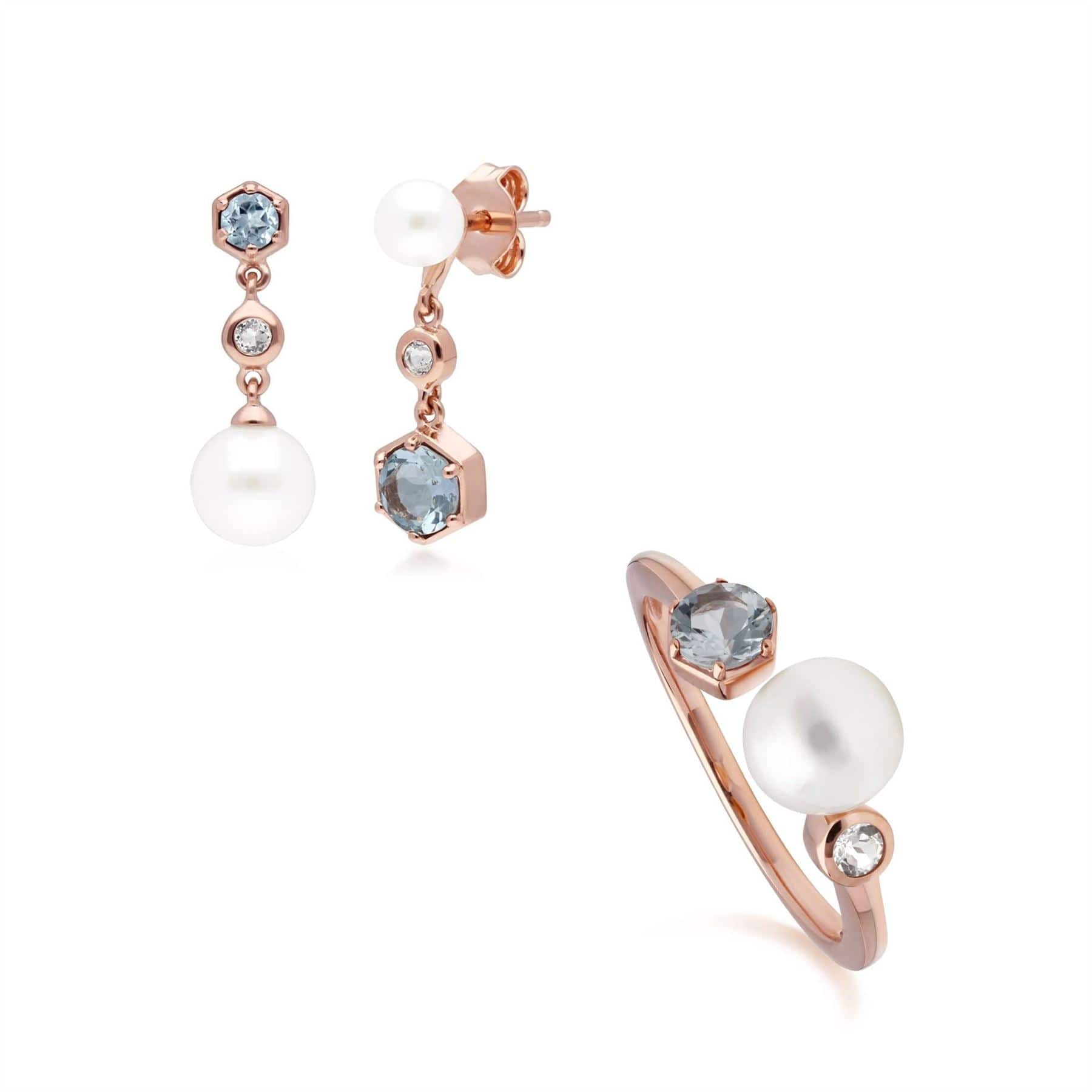 Modern Pearl, Aquamarine & Topaz Earring & Ring Set in Rose Gold Plated Silver - Gemondo