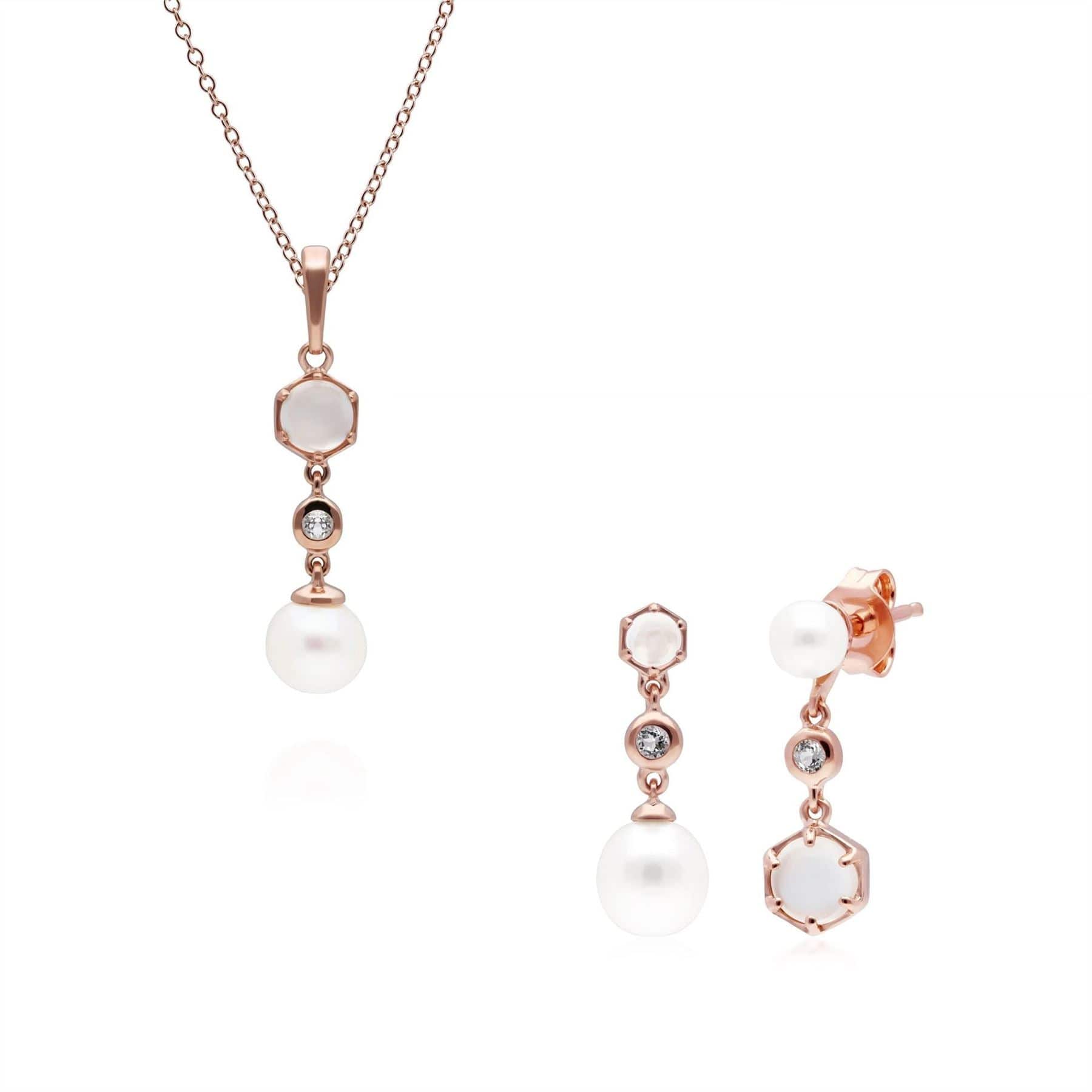 Modern Pearl, Moonstone & Topaz Pendant & Drop Earring Set in Rose Gold Plated Silver - Gemondo