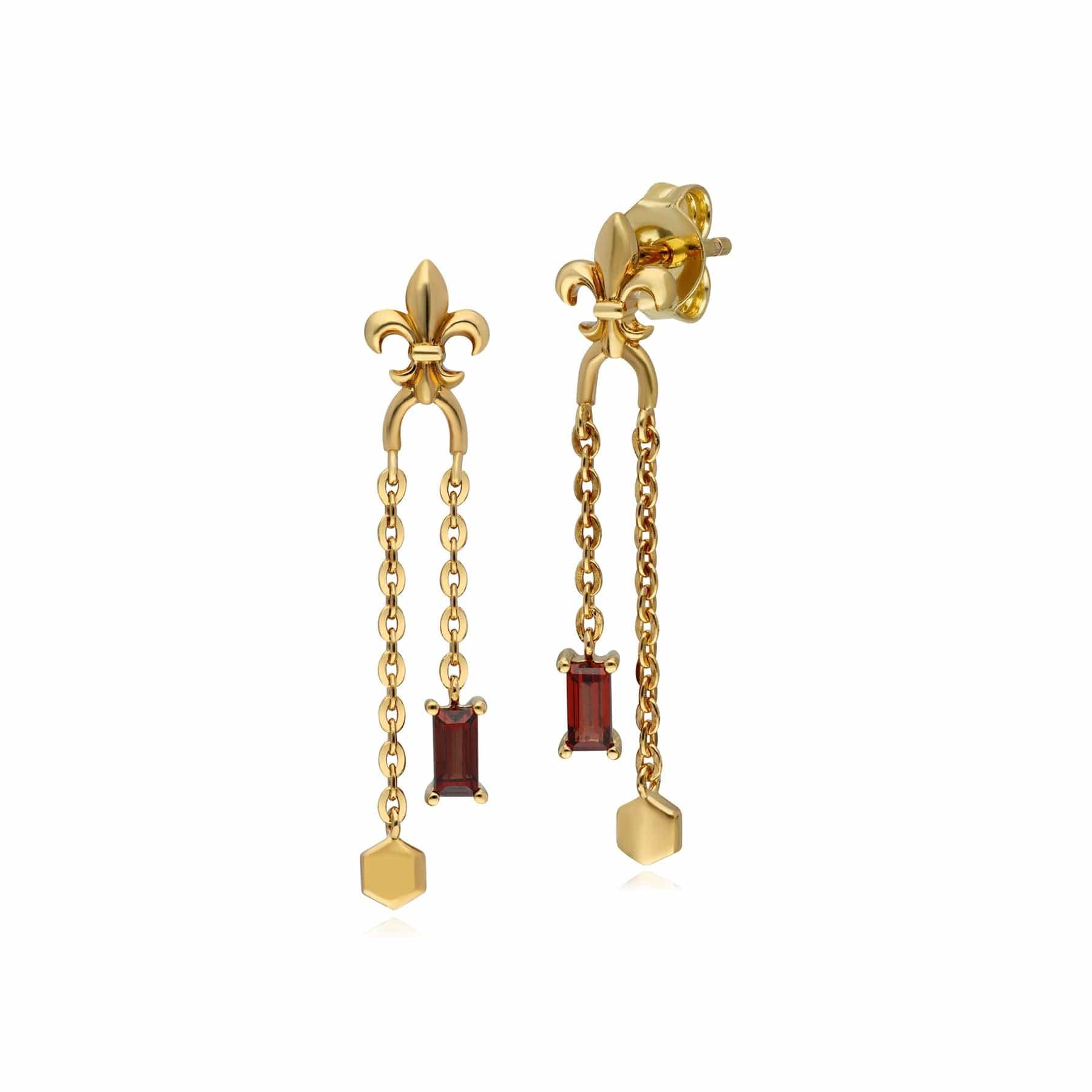 133E4109019 ECFEW™ Garnet Fleur De Lis Chain Drop Earrings In 9ct Yellow Gold 1