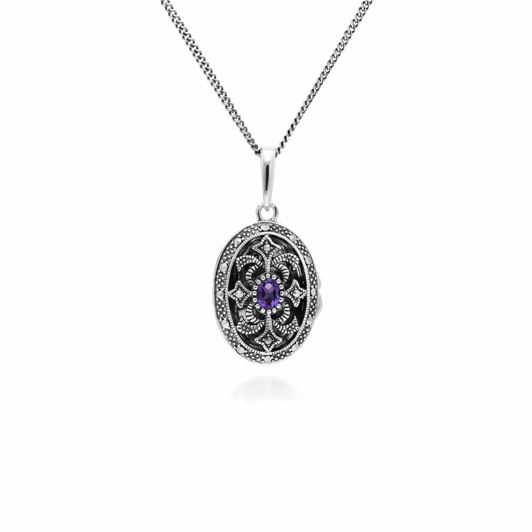 Art Nouveau Style Oval Amethyst & Marcasite Locket Necklace in 925 Sterling Silver - Gemondo