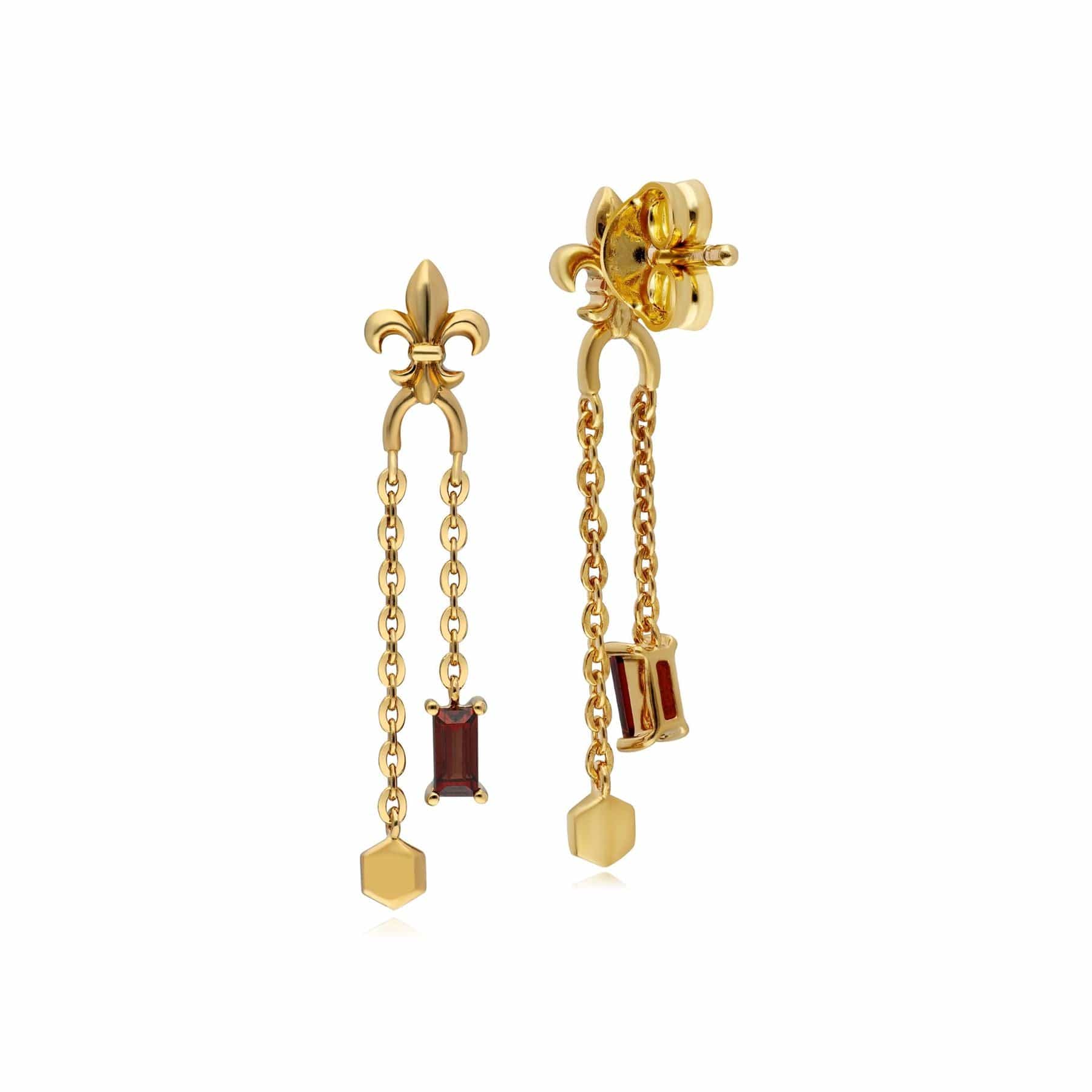 133E4109019 ECFEW™ Garnet Fleur De Lis Chain Drop Earrings In 9ct Yellow Gold 3