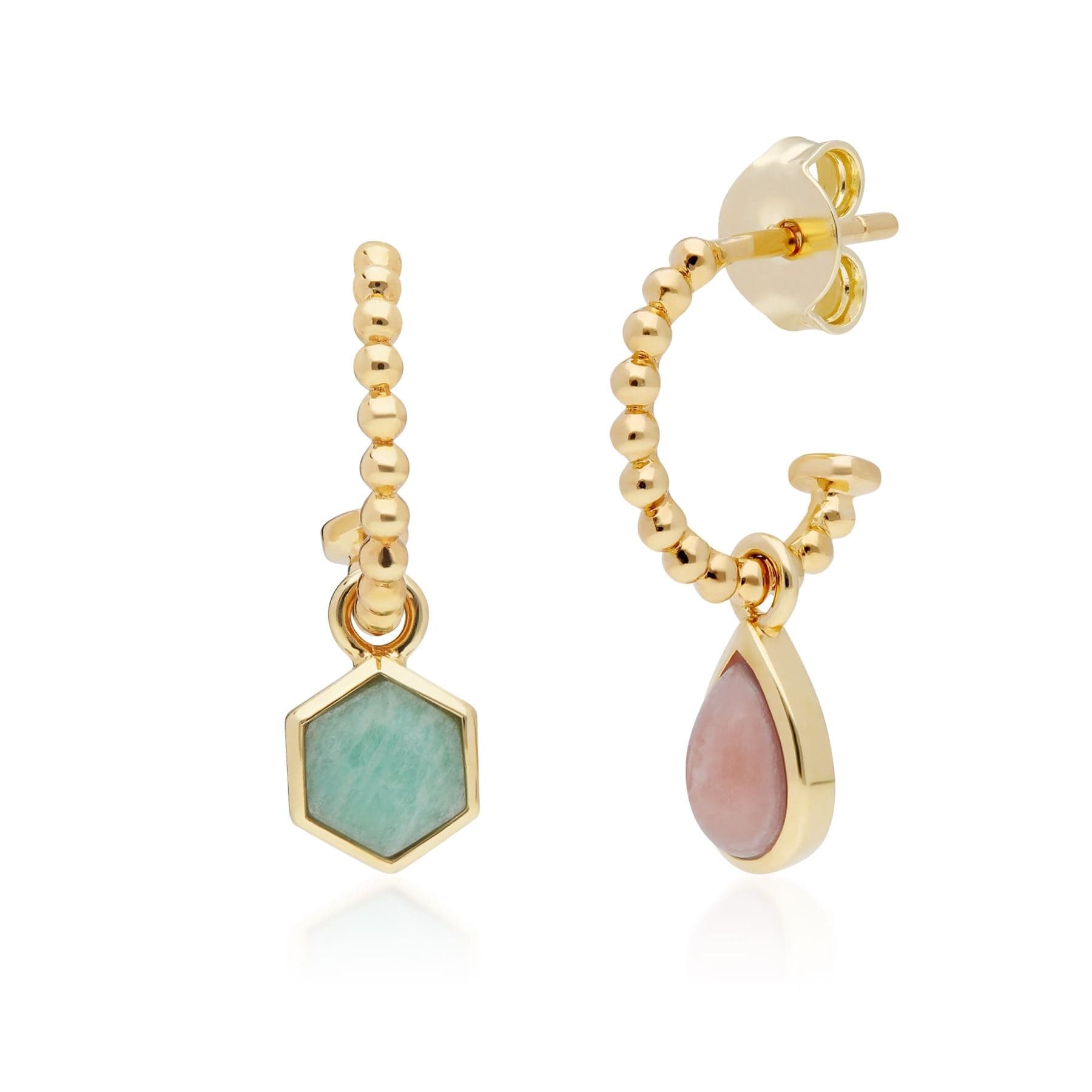 270E027401925 Micro Statement Rhodochrosite & Amazonite Mismatched Hoop Earrings In Yellow Gold Plated Silver 4