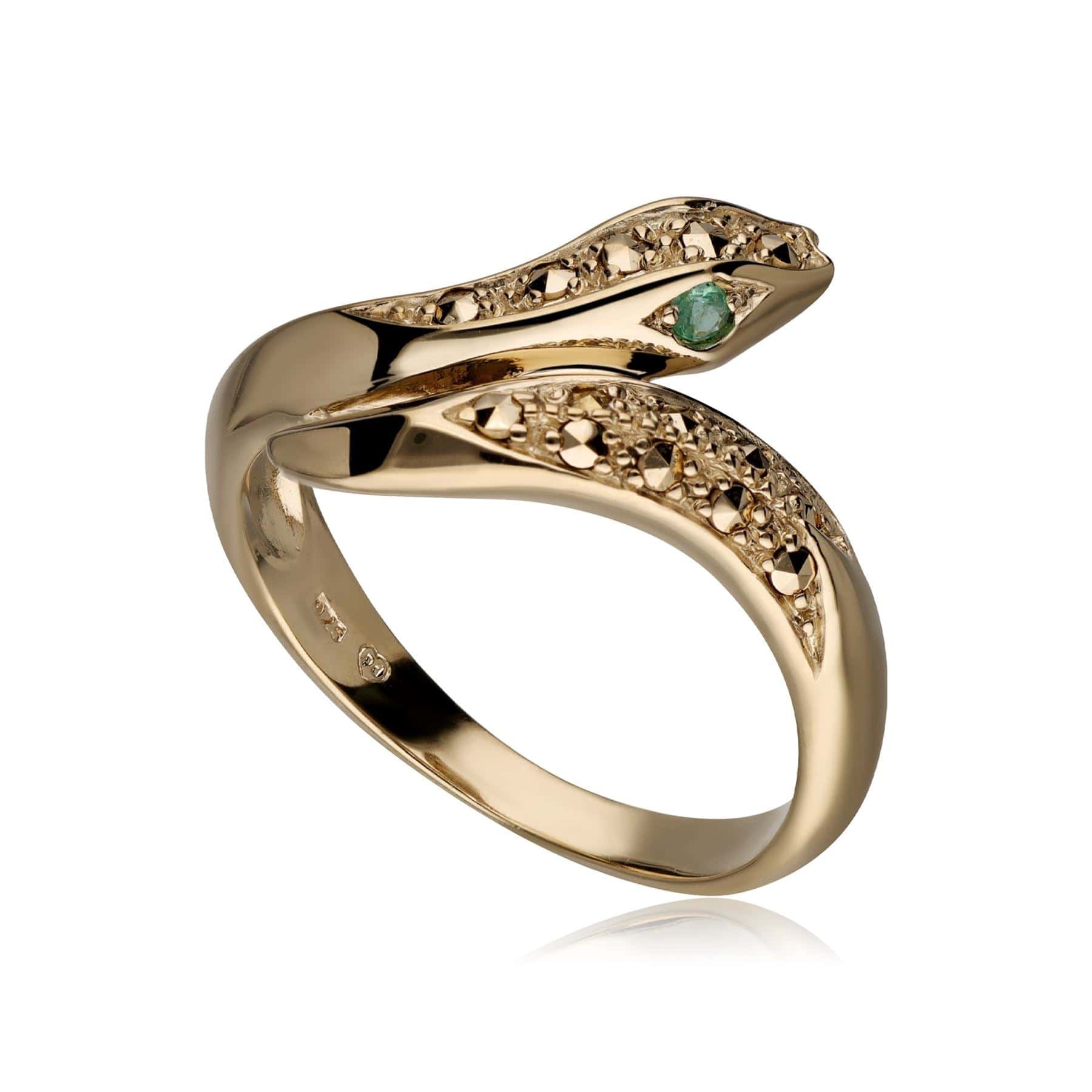 Emerald Eye Marcasite Snake Ring in Gold Plated Sterling Silver - Gemondo