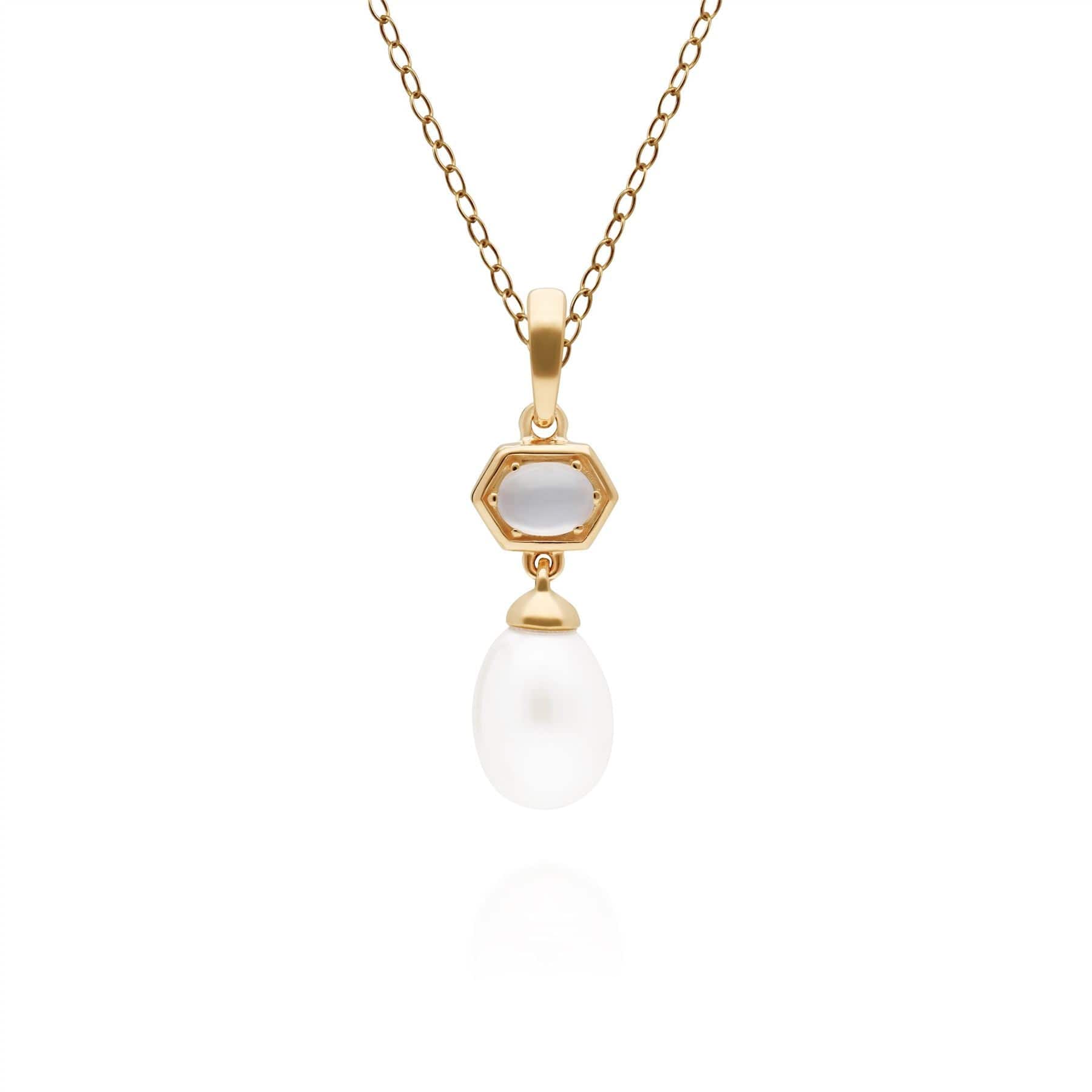 270P030602925 Modern Pearl & Moonstone Hexagon Drop Pendant in Yellow Gold Plated Silver 1