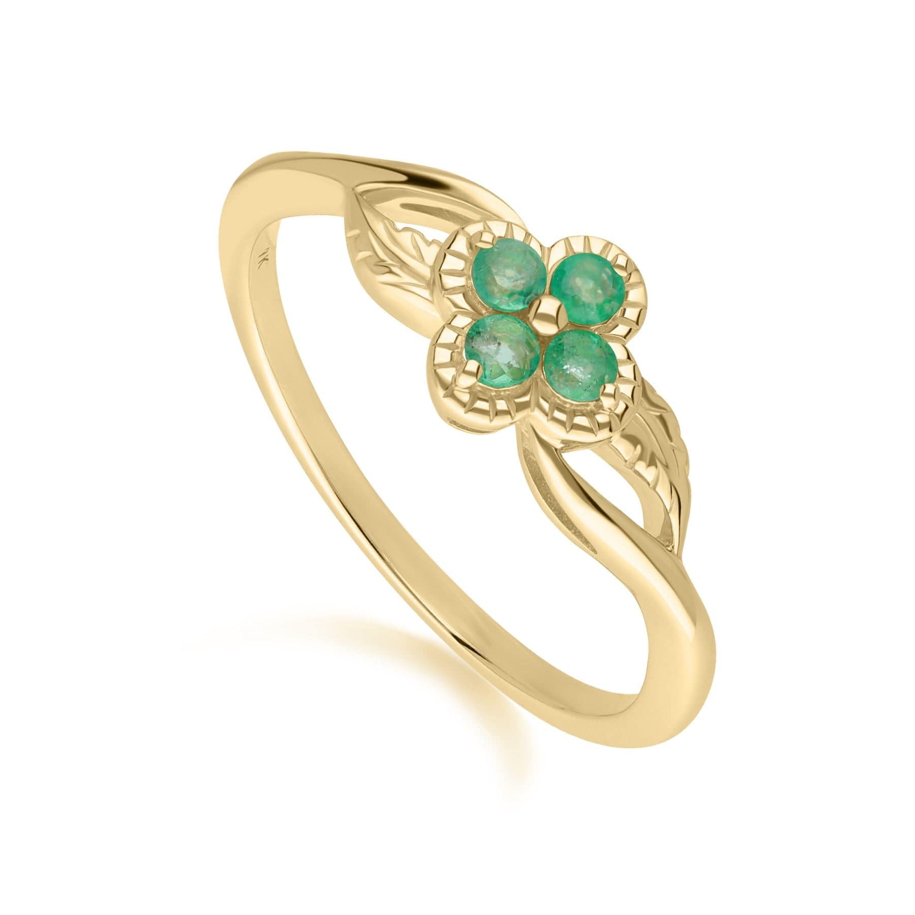 135R2048019 Floral Round Emerald Ring in 9ct Yellow Gold 3