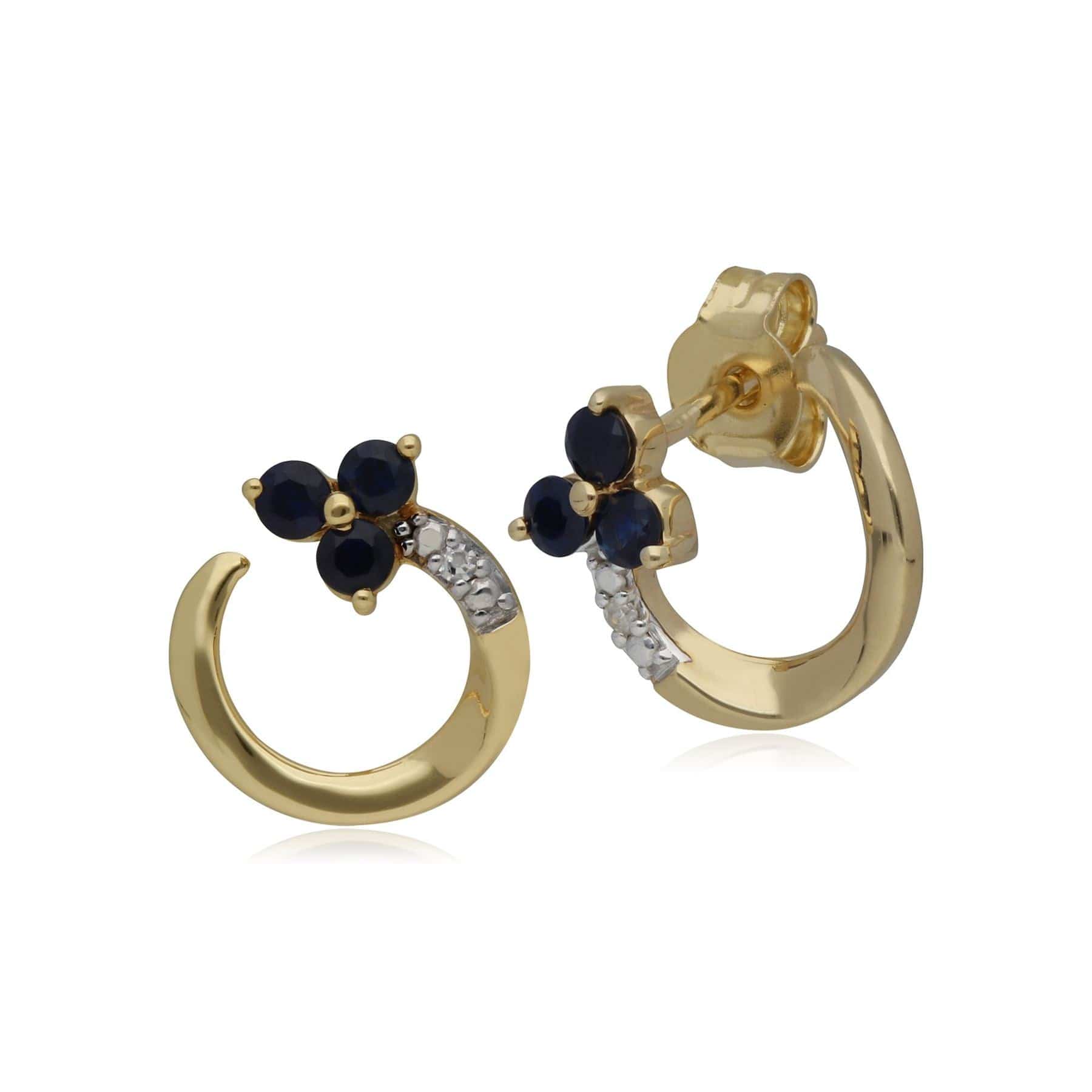 135E1456029 Classic Floral Sapphire & Diamond Swirl Stud Earrings in 9ct Yellow Gold 1