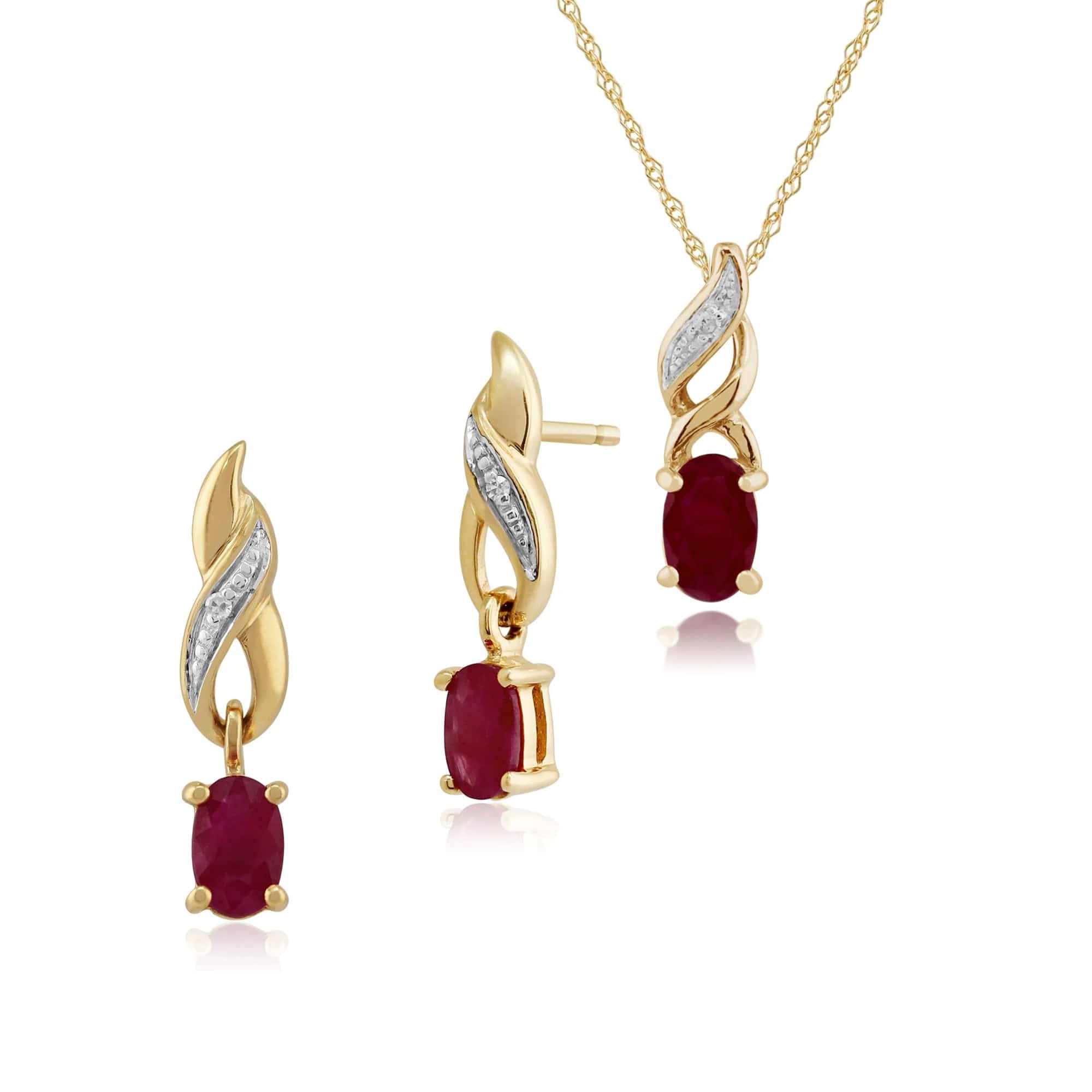 Classic Oval Ruby & Diamond Twist Drop Earrings & Pendant Set in 9ct Yellow Gold - Gemondo
