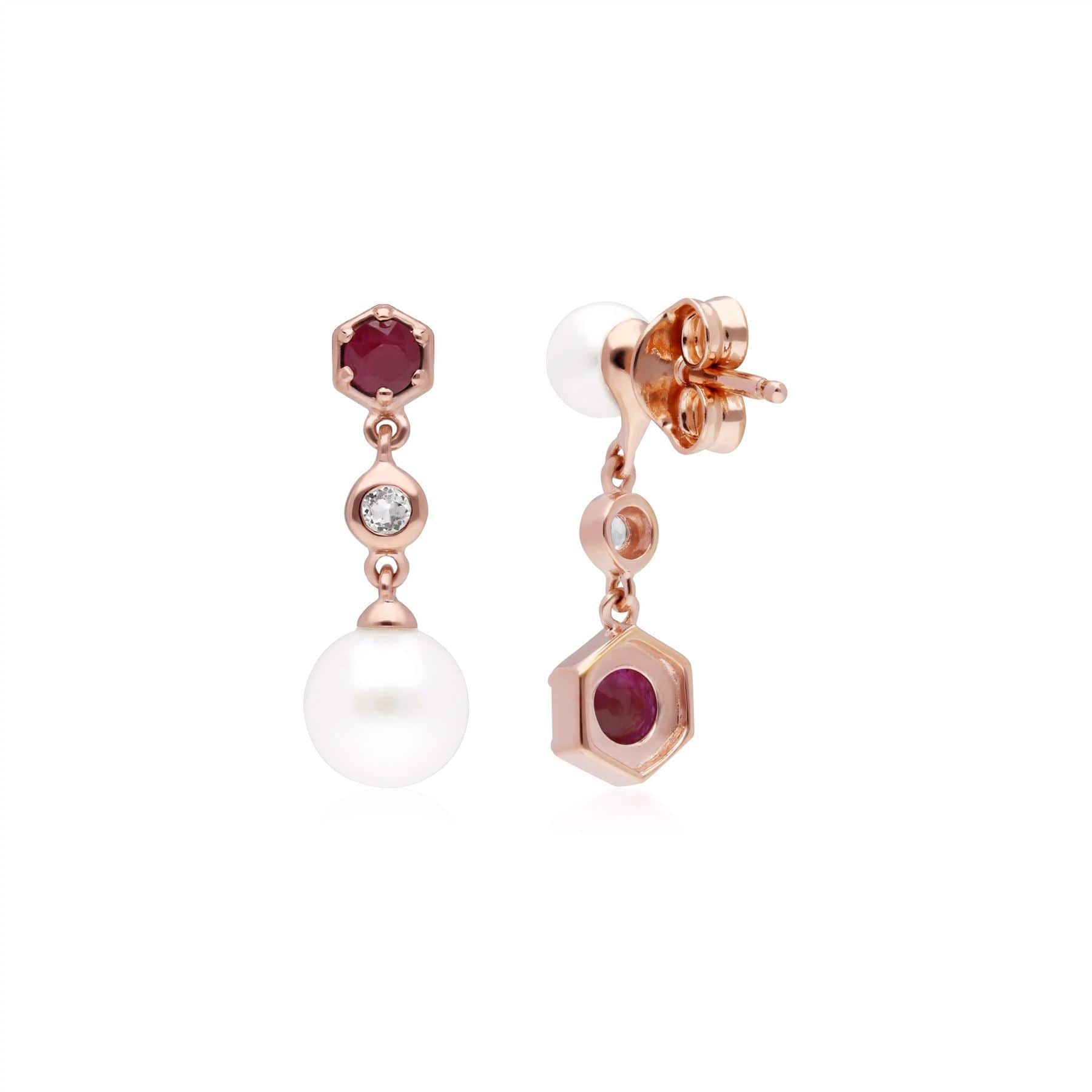 270E030302925 Modern Pearl, Ruby & Topaz Mismatched Drop Earrings in Rose Gold Plated  Silver 2