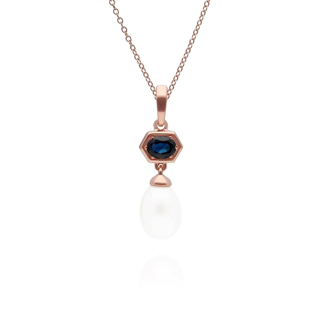 270P030401925 Modern Pearl & Sapphire Drop Pendant in Rose Gold Plated Silver 1