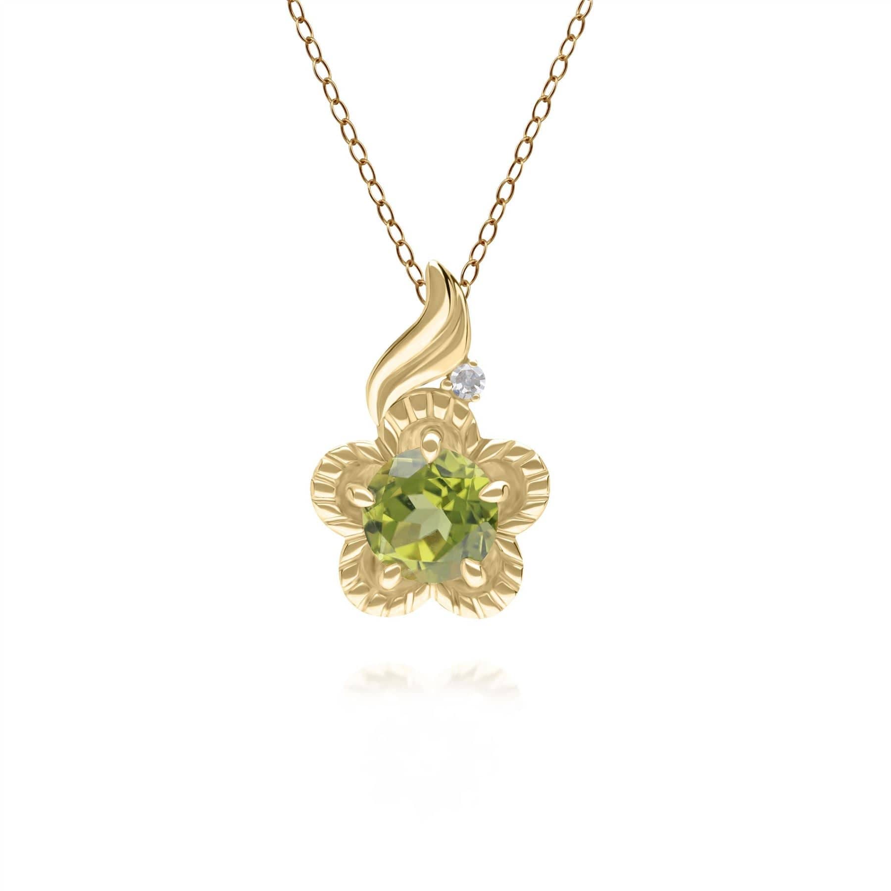 135P2097029 Floral Round Peridot & Diamond Pendant in 9ct Yellow Gold 1