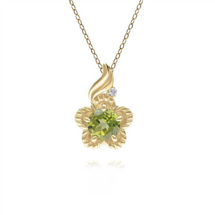 135P2097029 Floral Round Peridot & Diamond Pendant in 9ct Yellow Gold 1